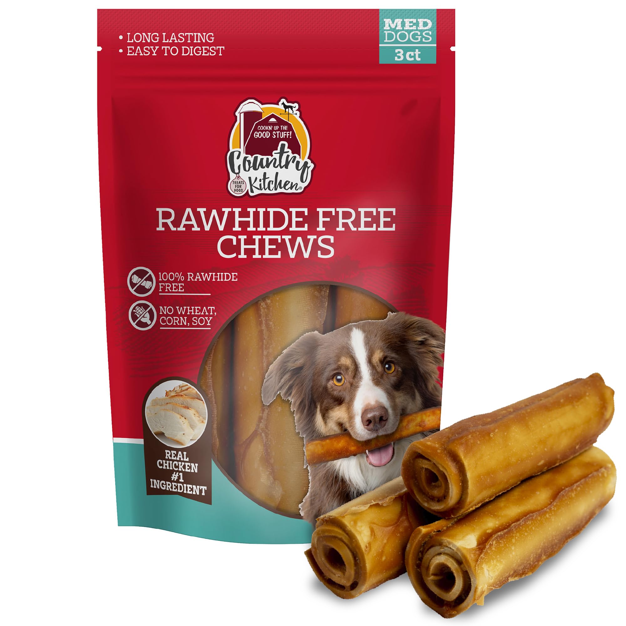 Country Kitchen Rawhide Free Dog Chews, Made with Real Chicken, for Medium Sized Dogs, 3 Count