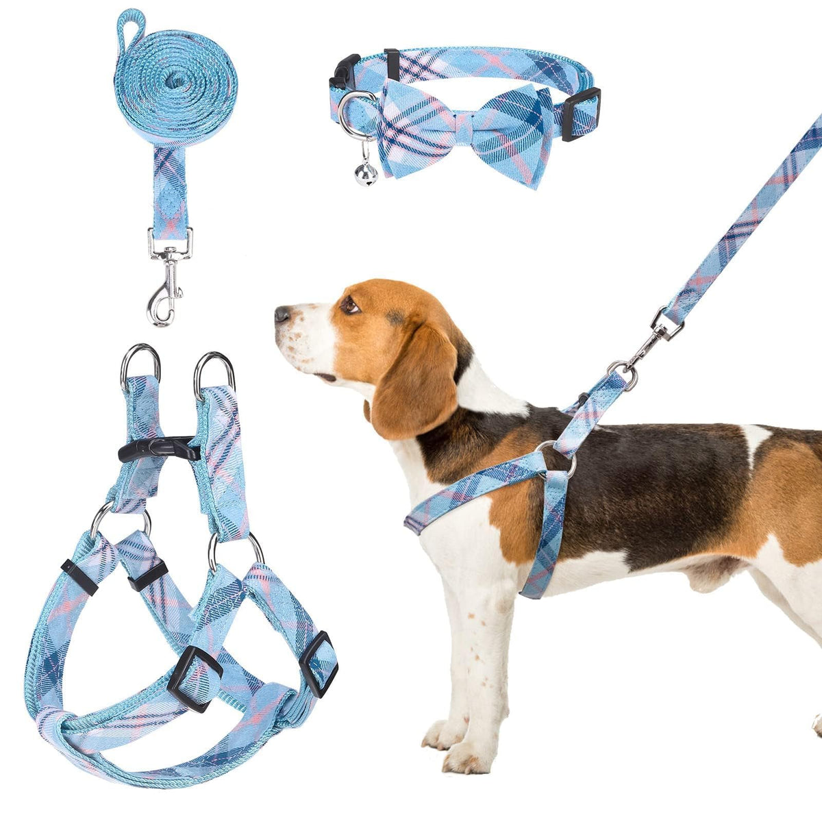 Bingpet Dog Harness Collar Leash Set,Adjustable No Pull Escape Proof Small Dog Harness,Classic Plaid Puppy Harness And Leash Set For Small Medium Large Dogs Training Easy Walk Running(Blue,Xs)