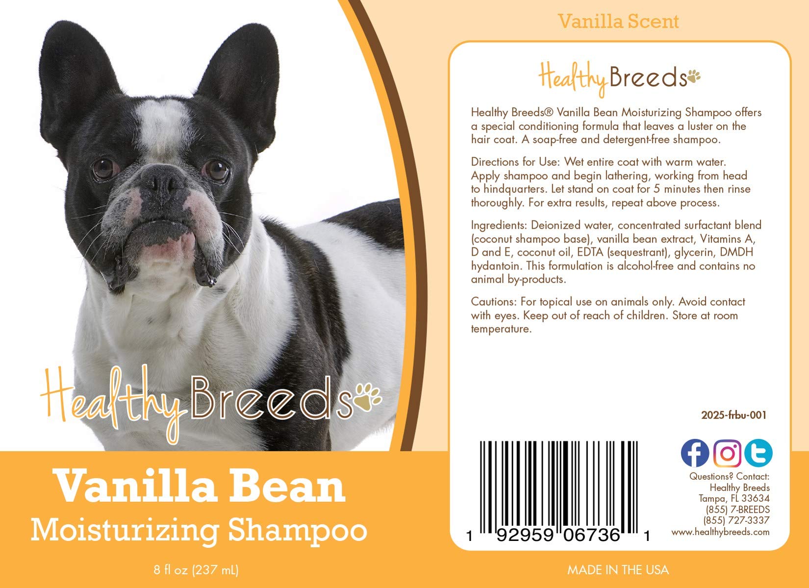 Healthy Breeds French Bulldog Vanilla Bean Moisturizing Shampoo + Conditioner - With Vitamins A, D, E + Coconut Oil - 8 Oz