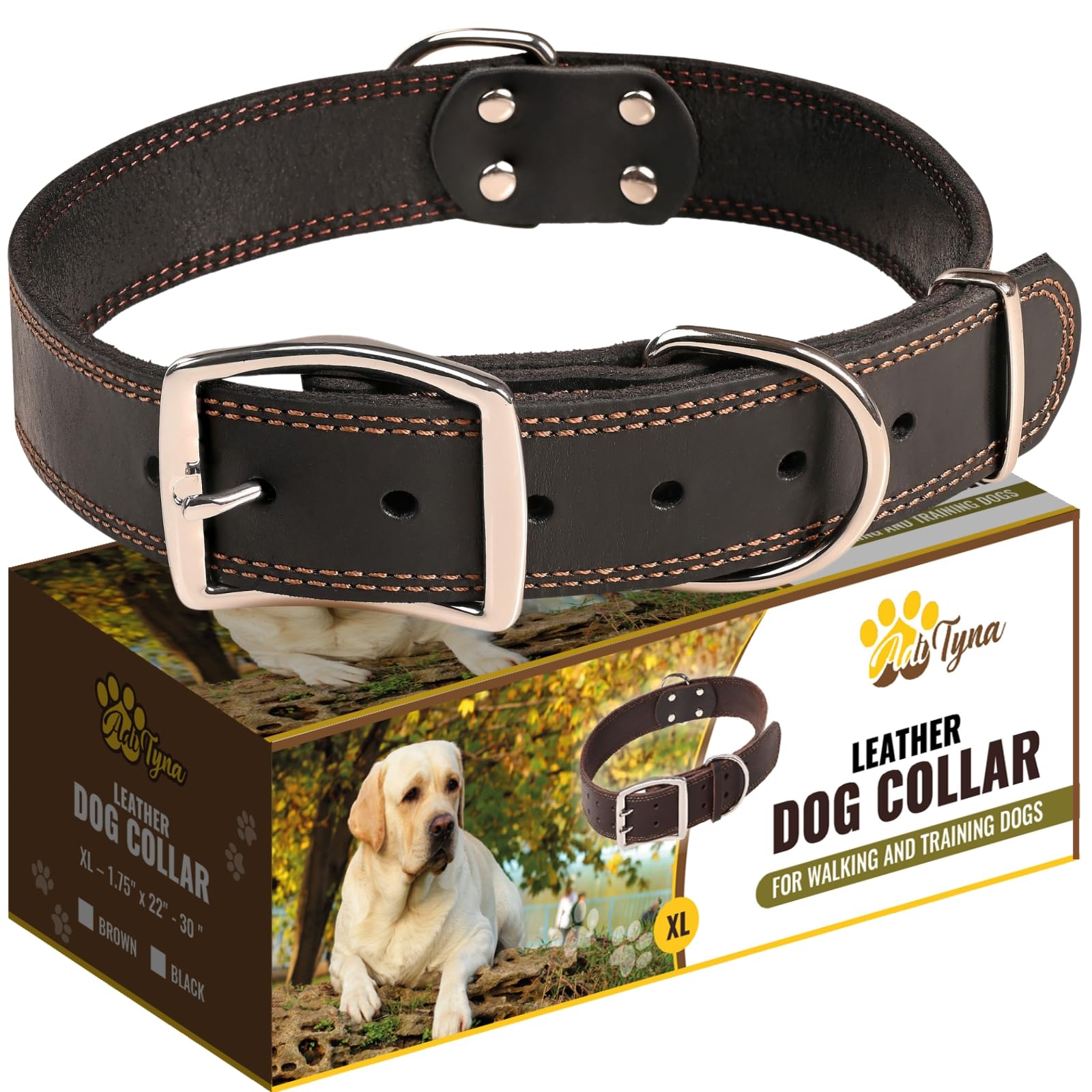 Adityna Heavy Duty Leather Dog Collar For Extra-Large Dogs - Black Xl Dog Collar - Soft And Strong Big Dog Collar (Extra-Large, Black)