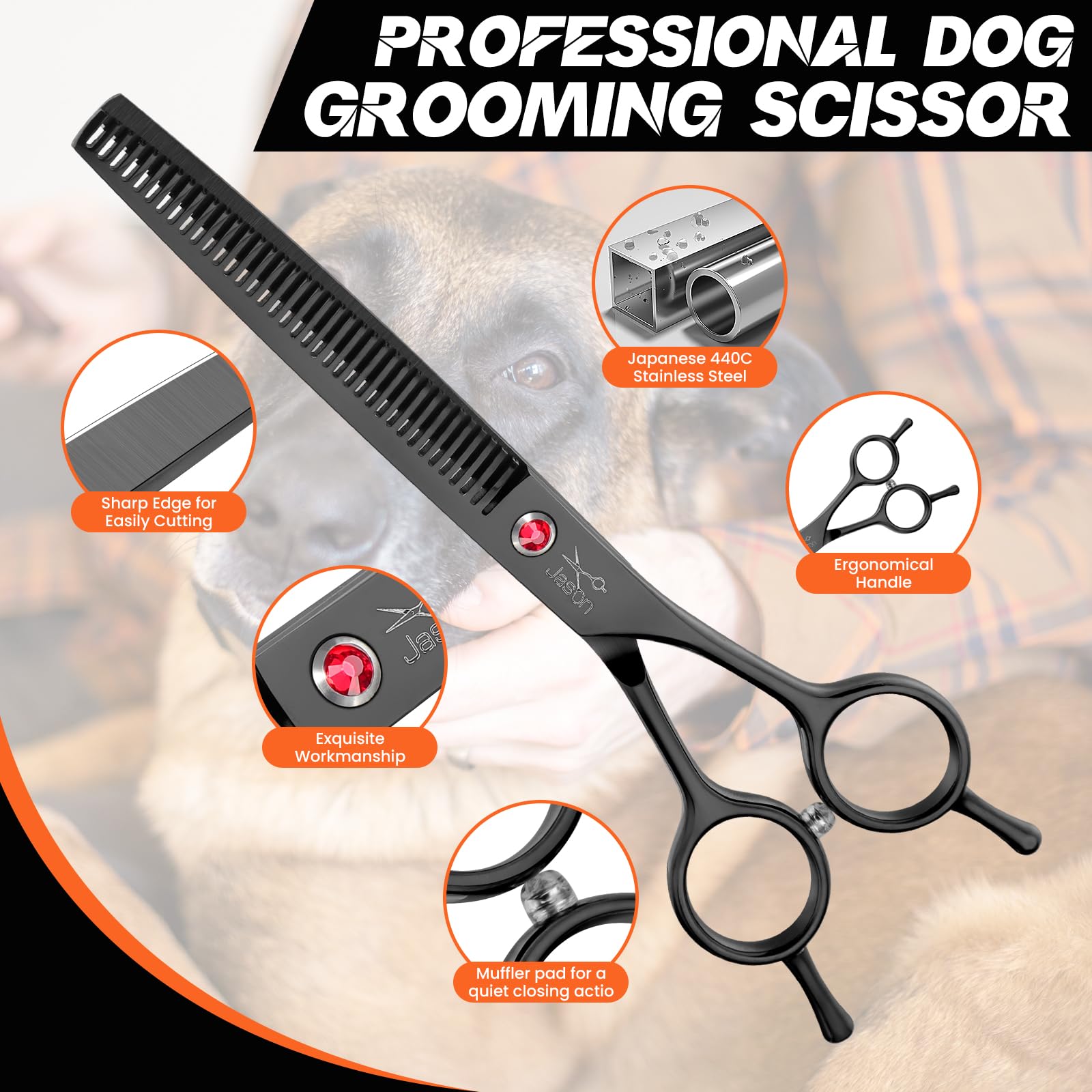JASON 7.5'' Dog Grooming Scissor - Professional Thinning Shear with 37 Teeth Japanese Stainless Steel Blender Scissors for Dogs,