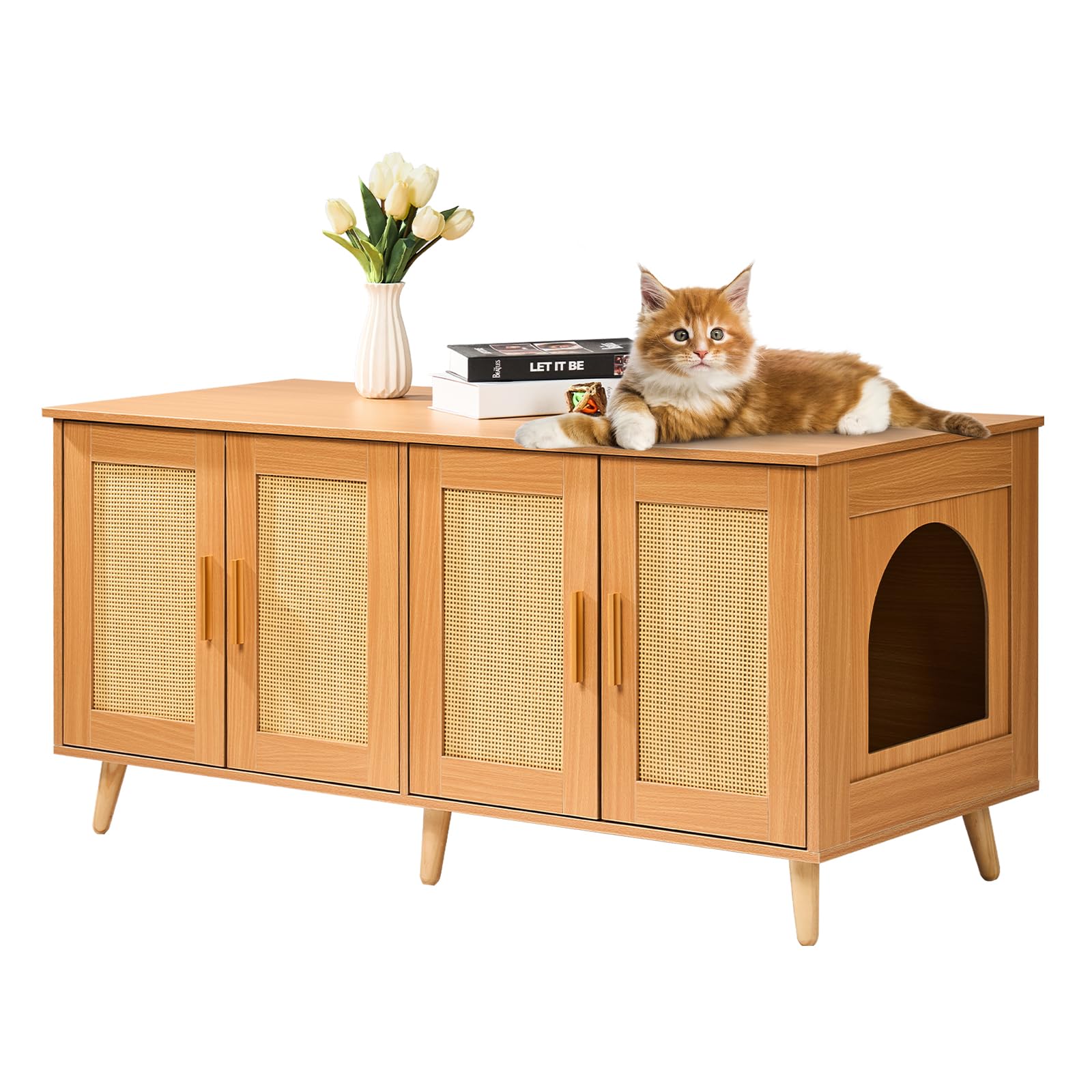 Vevor Cat Litter Box Enclosure For 2 Cats, Litter Box Furniture Hidden With Rattan Decorated Doors, Wooden Cat Box Cabinet Fit Most Of Litter Box, 47.2' L X 19.7' W X 21.7' H, Natural
