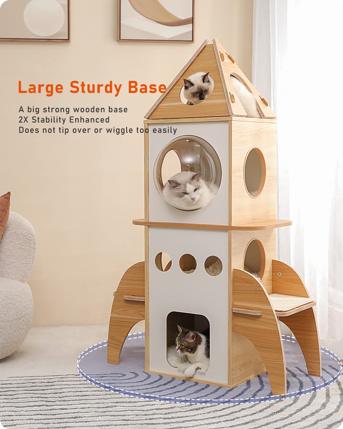 Muttros Modern Cat Tree Rocket Shape,54'' Wood Cat Tower Multilevel For Indoor Cats, Cat Furniture With 3 Condos, Dangling Balls
