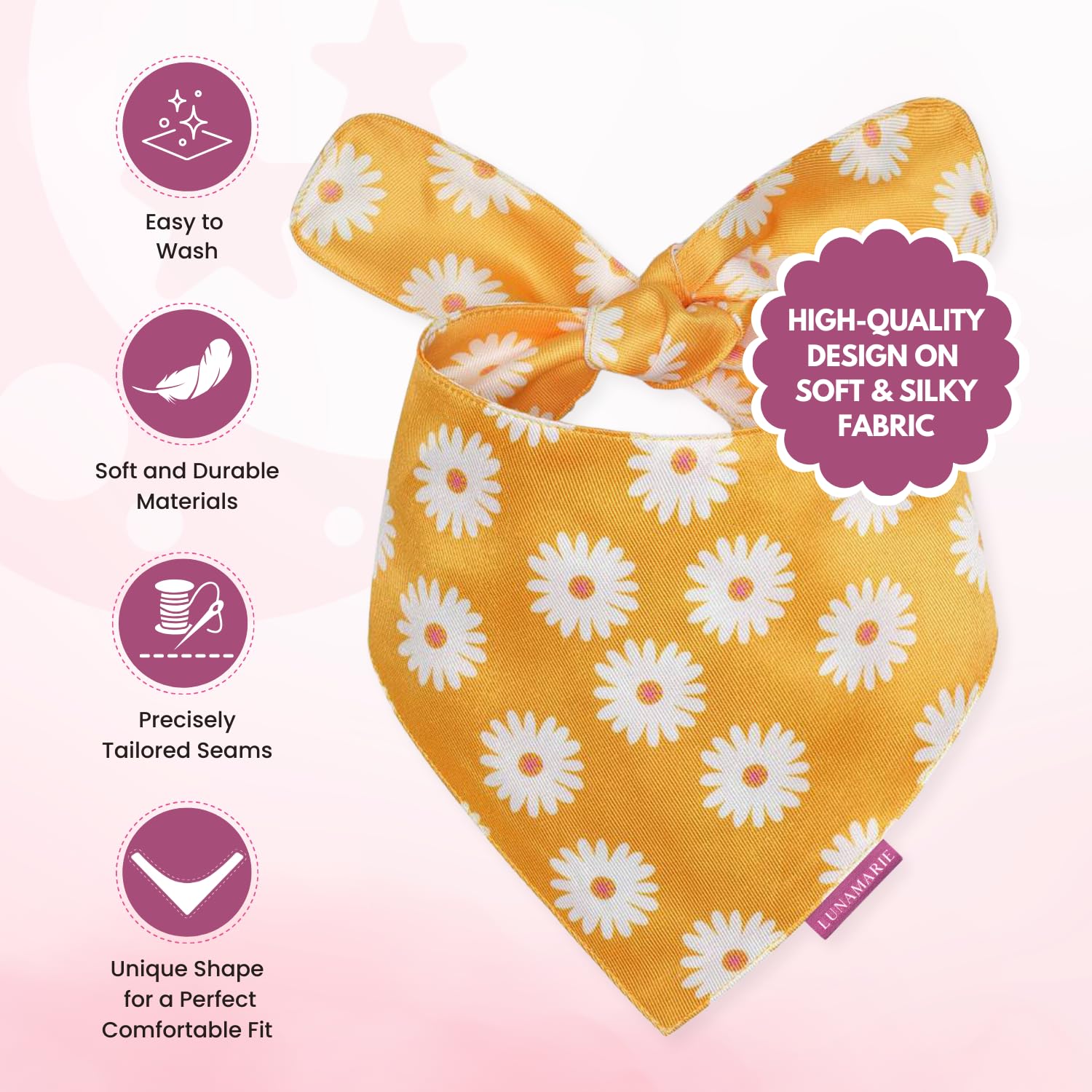 LunaMarie - Luxury Pet Birthday Bandanas -Premium & Silky Poly Fabric | 100% Handmade | Custom Shape Dual Layered (Daisies, Larg