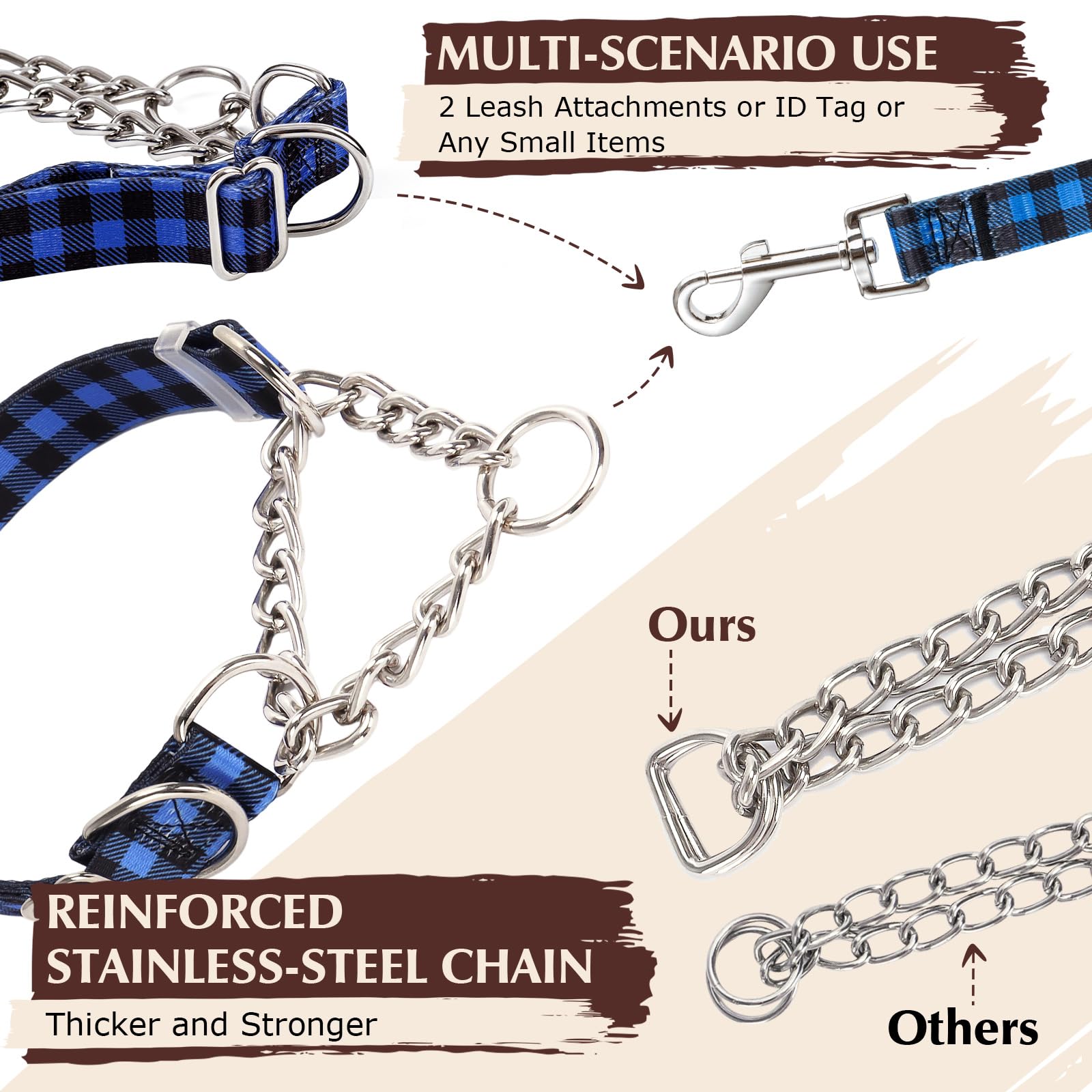 Martingale Collar For Dogs With Nylon & Steel Chain Limited Cinch Design, Blue Buffalo Plaid No Choke Dog Collar, Adjustable No