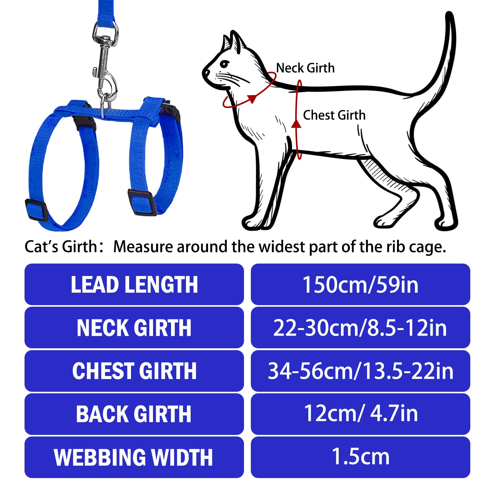 Pupteck Adjustable Cat Harness And Leash Set Escape Proof Kitten Strap Collar For Walking Travel, Blue, M