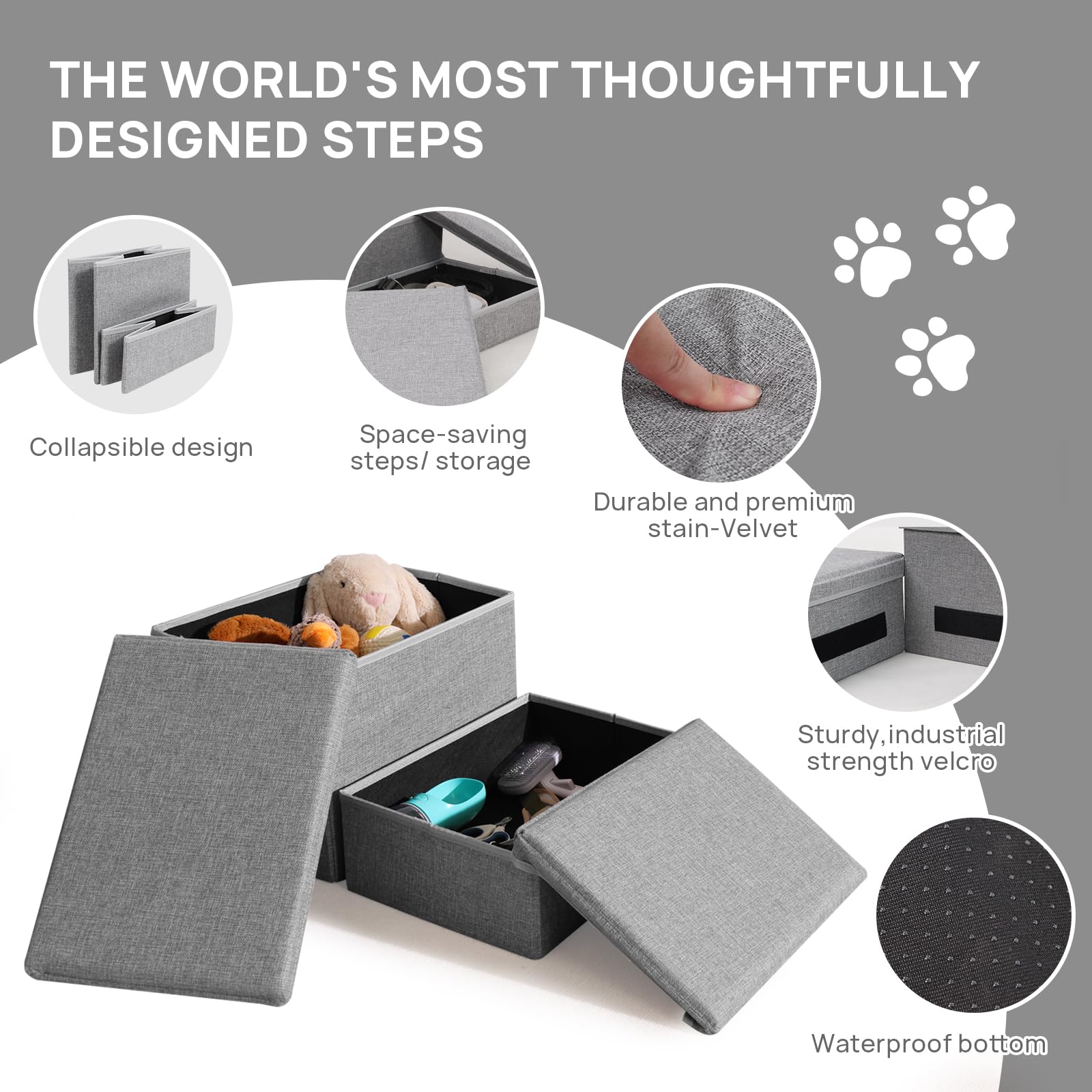 Foldable Dog Stairs/Steps 2-Tier Pet Steps Storage And Adjustable Steps For Small Medium Dogs Pet Steps Storage Stepper For High Beds Sofa Pet Dog Cat (2 Step-Light Grey)