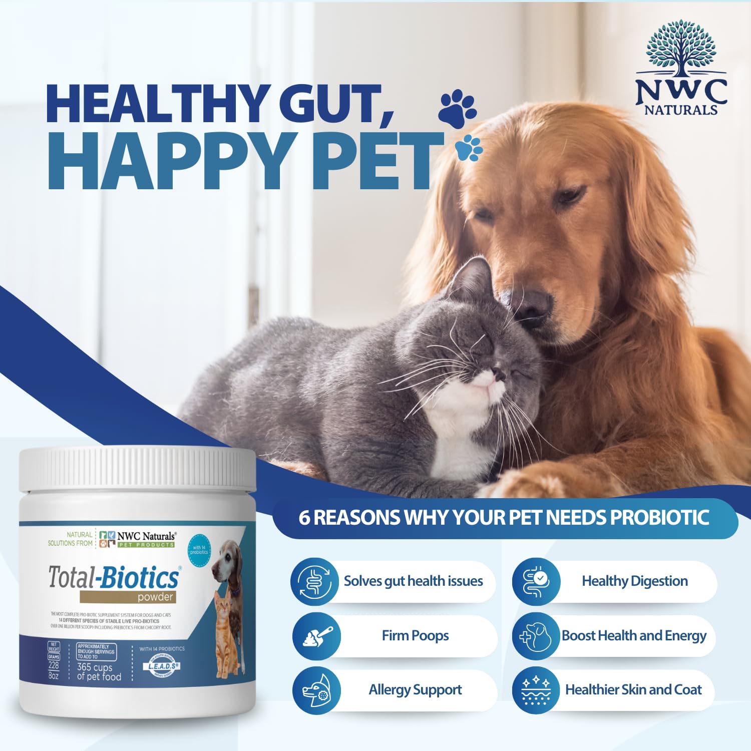 NWC Naturals Total-Biotics, Cat & Dog Probiotics for Digestive Health with Prebiotic, Unflavored Probiotic for Dogs & Cats, Supp