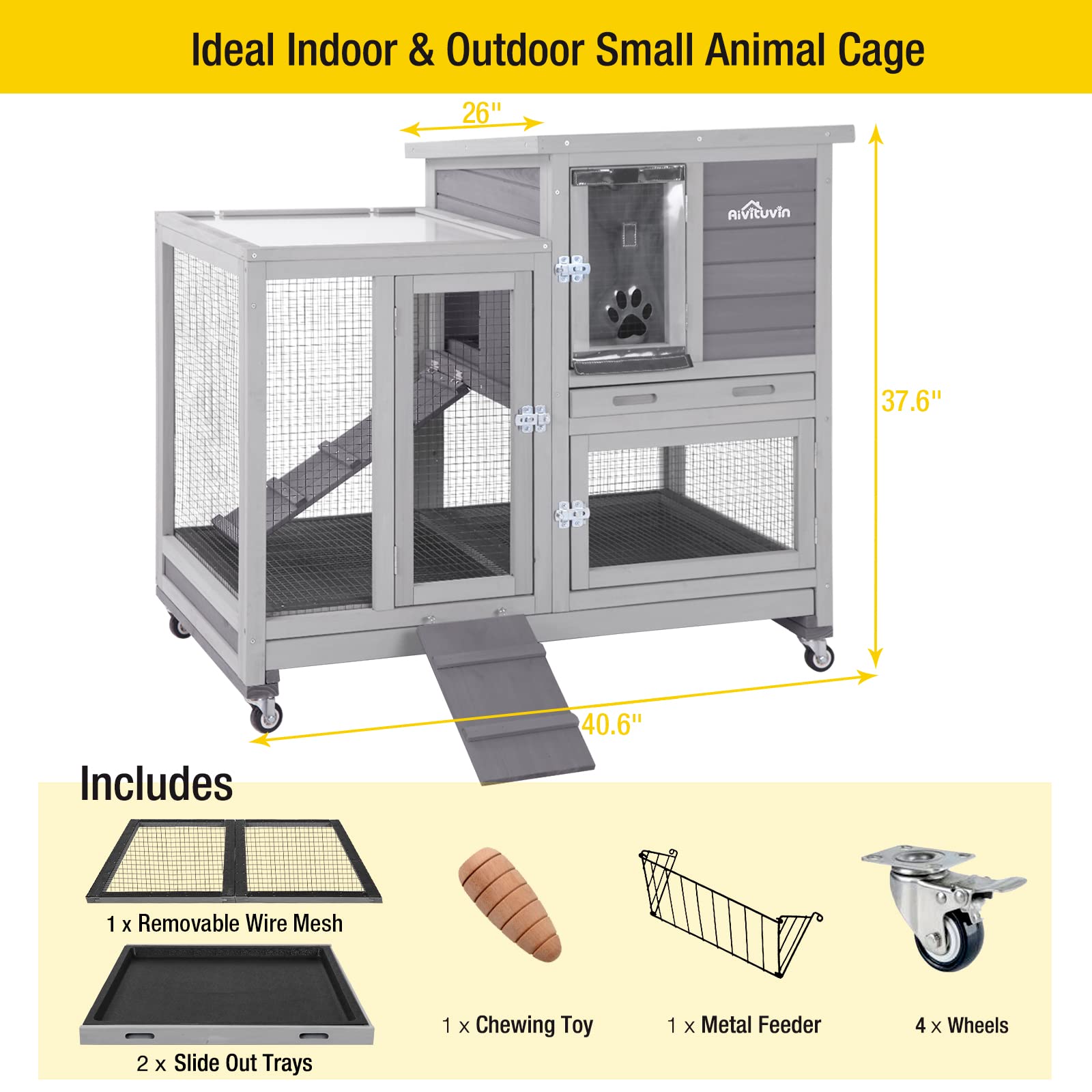 Aivituvin Rabbit Hutch Large Wooden Bunny House Guinea Pig Cages On Wheels, Two Trays, Indoor Outdoor