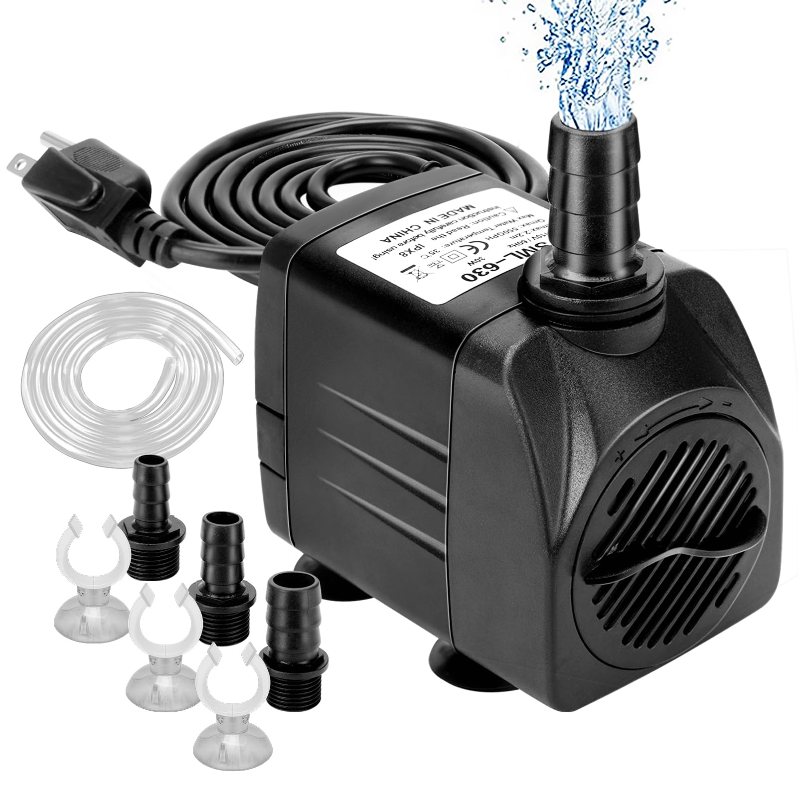 Growneer 550Gph Submersible Pump 30W Ultra Quiet Fountain Water Pump, 2000L/H, With 7.2Ft High Lift, 3 Nozzles, 4.9 Feet Tubing 