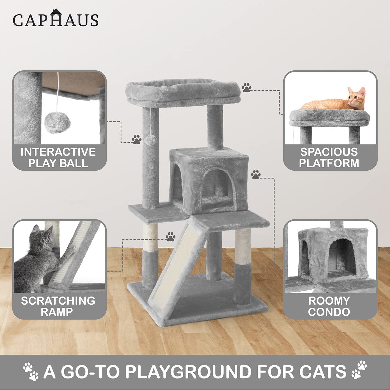 Caphaus Cat Tower For Indoor Cats, Modern Cute 37-Inch Small Cat Tree With Widened Perch For Large Cats Kittens, Multi-Level Cat