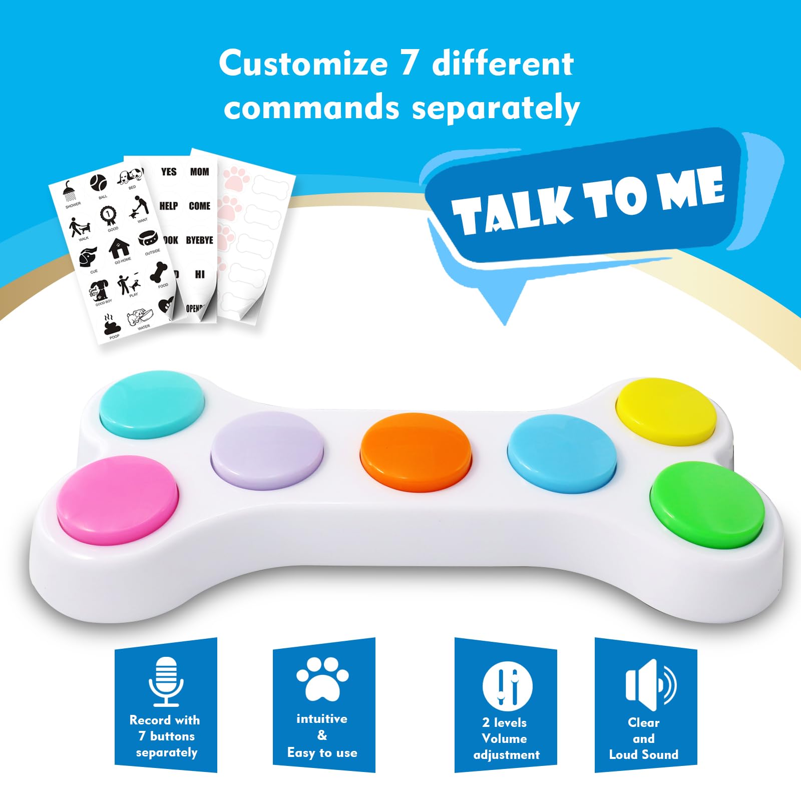 Dog Talking Buttons With White Bone Board - 7 Recordable Color Buttons For Pet Training - Includes Stickers & Batteries - For Sm