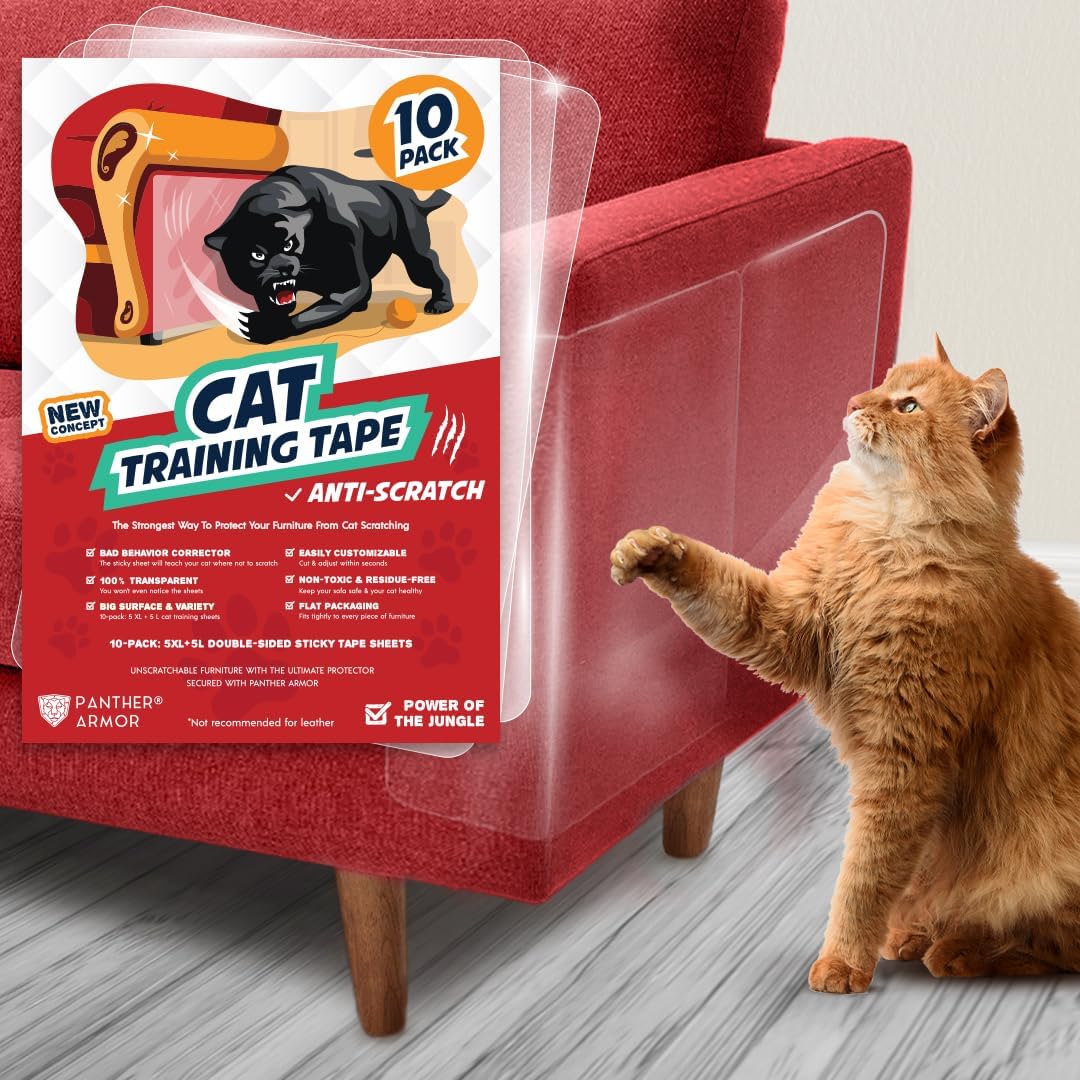 Panther Armor Cat Scratch Furniture Protector ?Double Sided Anti Cats Scratching Sticky Tape ?10 Sheets, 5-Pack Xl 16' L 12' W + 5-Pack Large 17' L 10' W Furniture Protectors ?Clear Training Tape