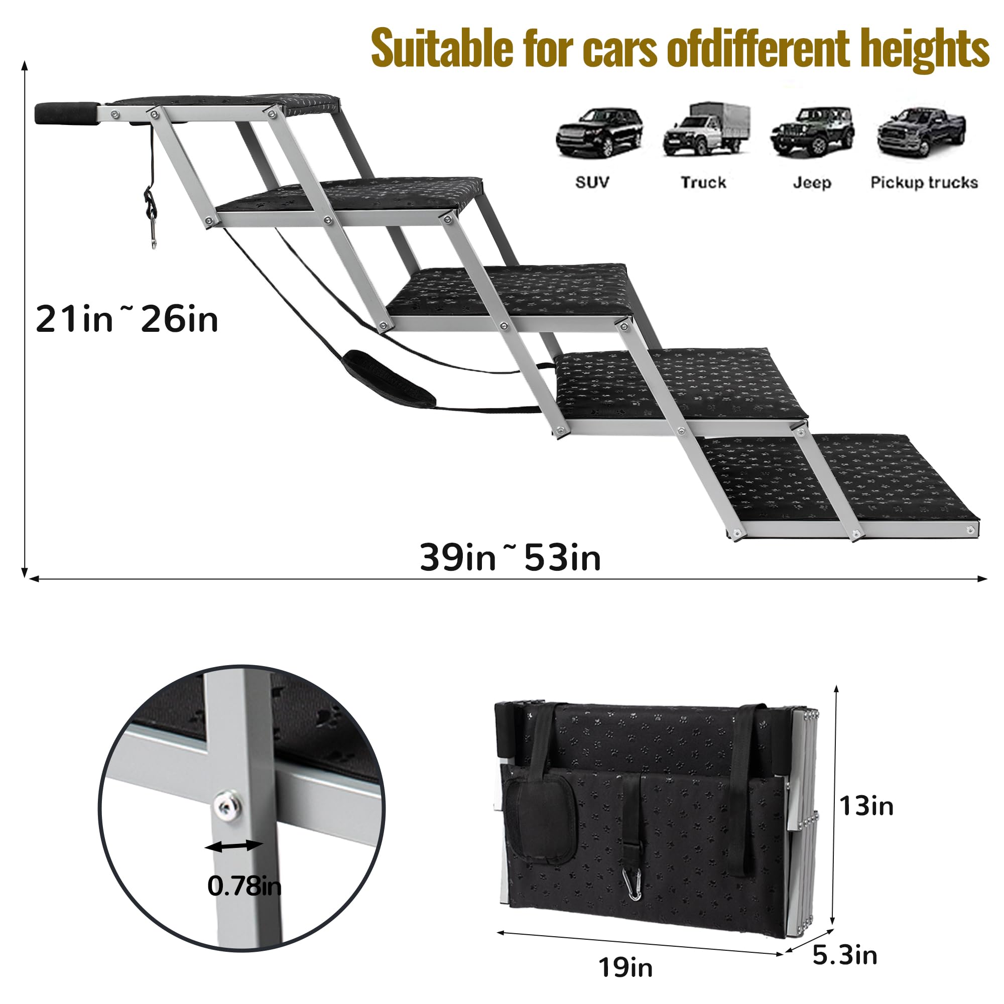 Heeyoo Extra Wide Dog Stairs for Car - Foldable, Non-Slip, Portable Steps for SUVs/Trucks, Supports Up to 250 Lbs, Silver, 5 Steps