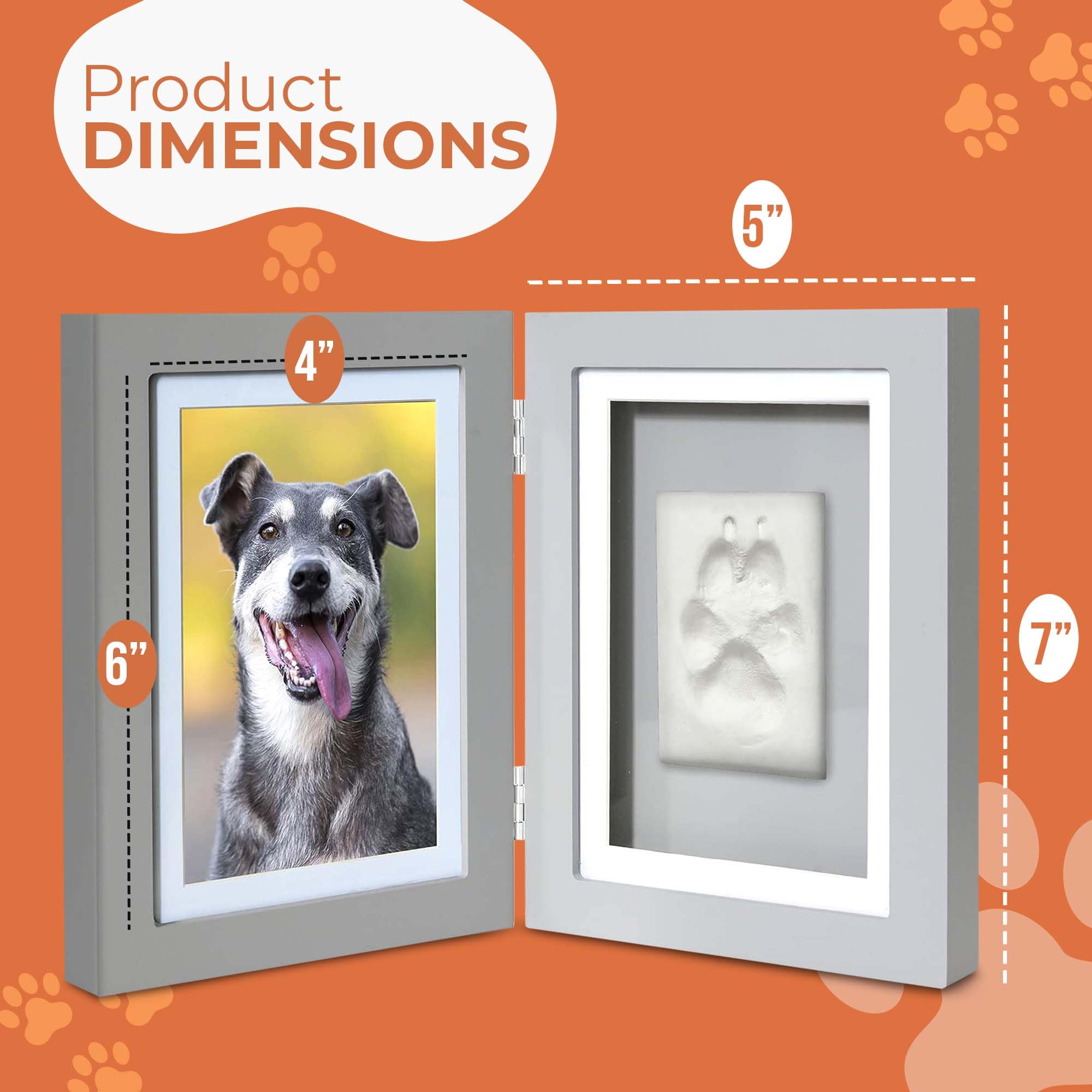 Better World Pets Paw Print + Photo Keepsake Frame Holds 4 X 6 Inch Or 5 X 7 Picture – Memorial Clay Imprint Kit – For Dogs And Cats – Perfect For Pet Lovers – Hinged For Desktop, Grey
