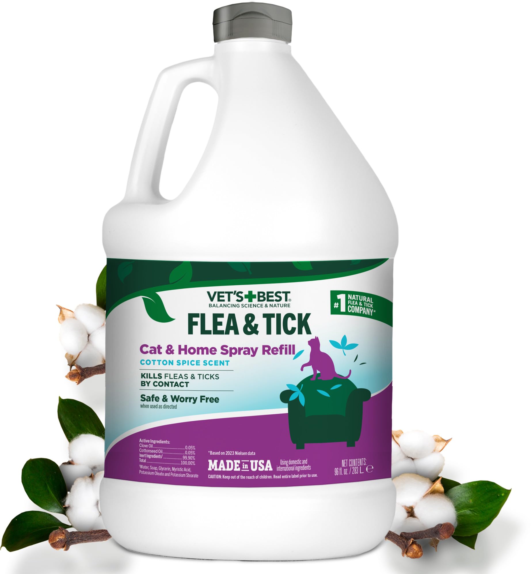 Vets Best Flea & Tick Home Spray Refill for Cats, Cotton Spice Scent Cat Flea & Tick Aid, Made in The USA, Flea & Tick Gentle M