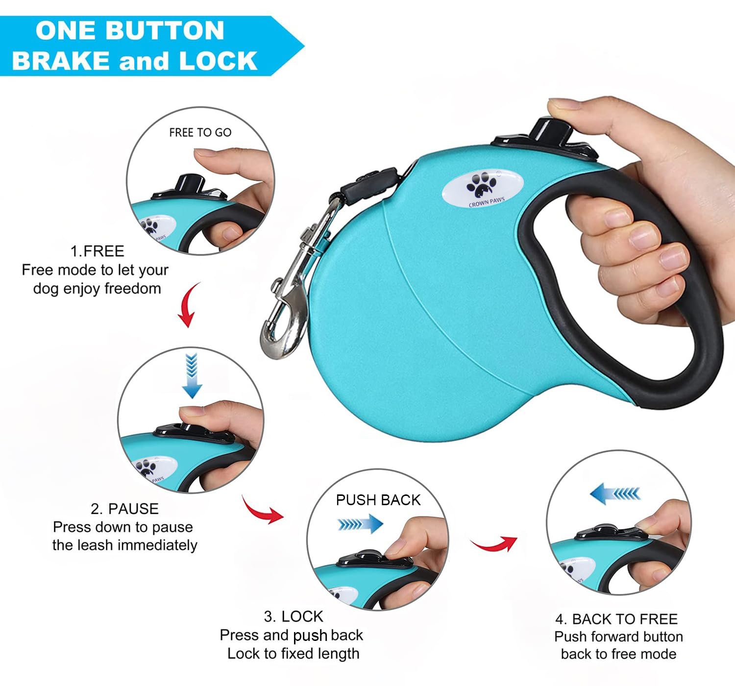 Crown Paws 16 Ft Retractable Dog Leash For Large Dogs Up To 44 Lbs,Tangle-Free Nylon Tape,Blue Dan M