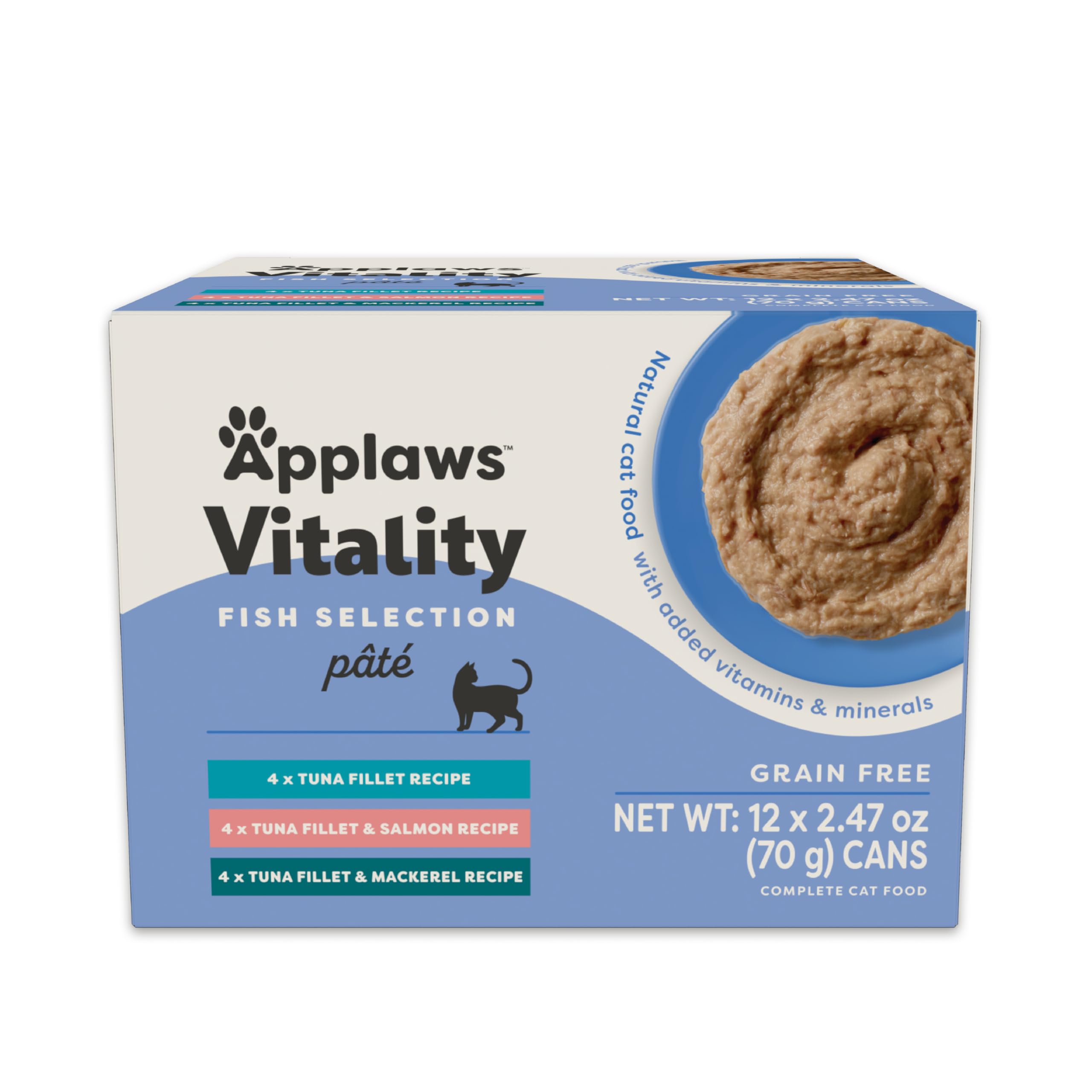 Applaws Vitality Wet Cat Food Pat  , Natural Cat Food with Added Vitamins & Minerals, Grain-Free, Carrageenan Free, Fish Variety