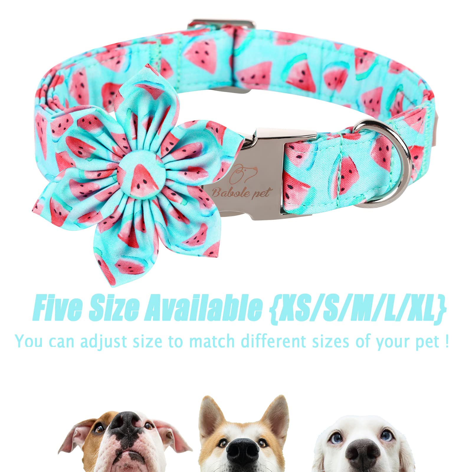 Babole Pet Dog Collar With Blue Watermelon Flower Tie,Cotton Dog Collar With Safety Metal Buckle Adjustable Puppy Collars For Small Medium Large Boy&Girl Dog,X-Small,Neck 8'-12'