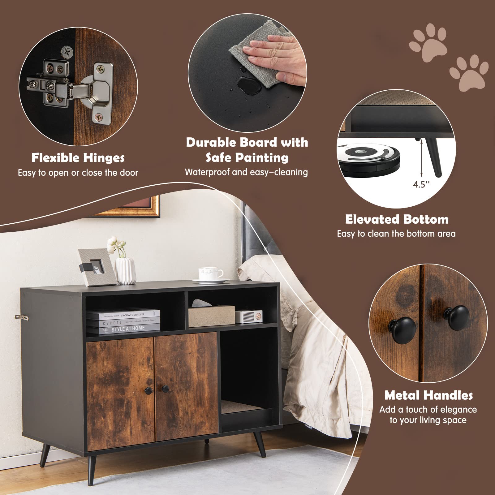 Giantex Cat Litter Box Enclosure - Wooden Washroom With Storage, Scratcher, Winding Entry, Metal Legs, Large Pet Crate Cat House