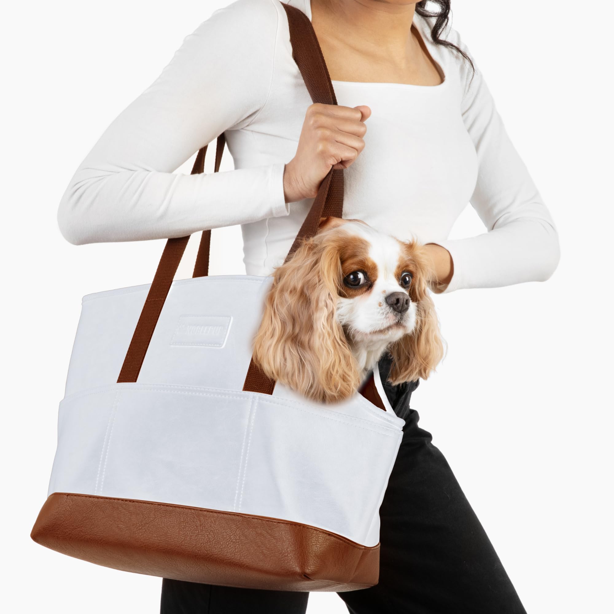 Noblepup Luxury Dog Purse Carrier - White Faux Leather Pet Carrier, Secure Harness Clip, Tote Bag For Small Dogs And Puppies