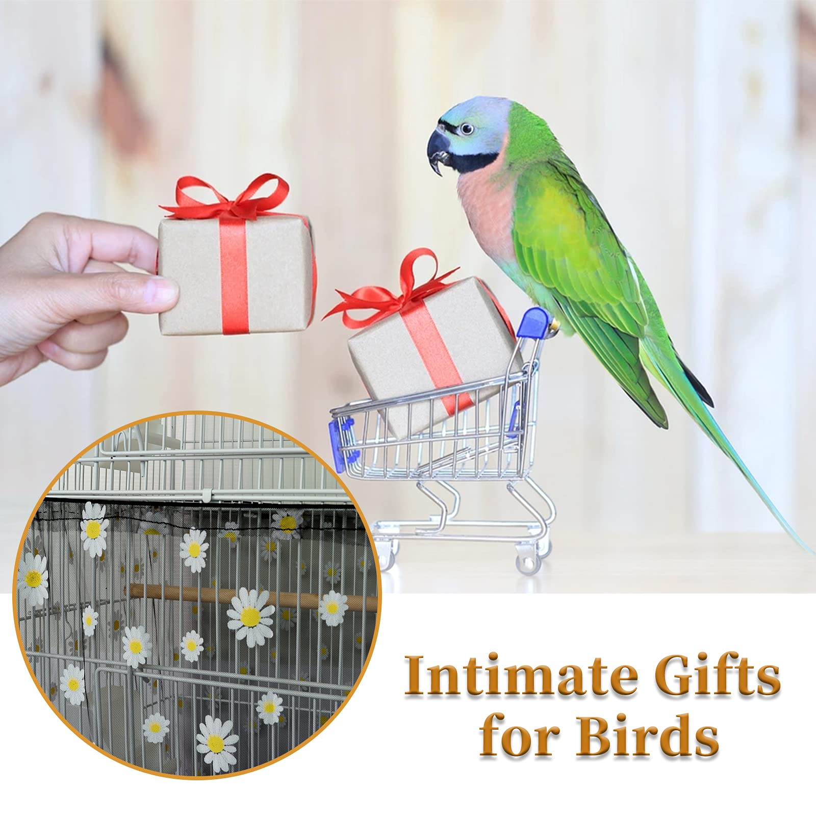 Daoeny Large Bird Cage Cover, Bird Cage Seed Catcher, Adjustable Soft Nylon Mesh Net With Daisy Pattern, Birdcage Cover Skirt Seed Guard For Parrot Parakeet Macaw Round Square Cages (Black)