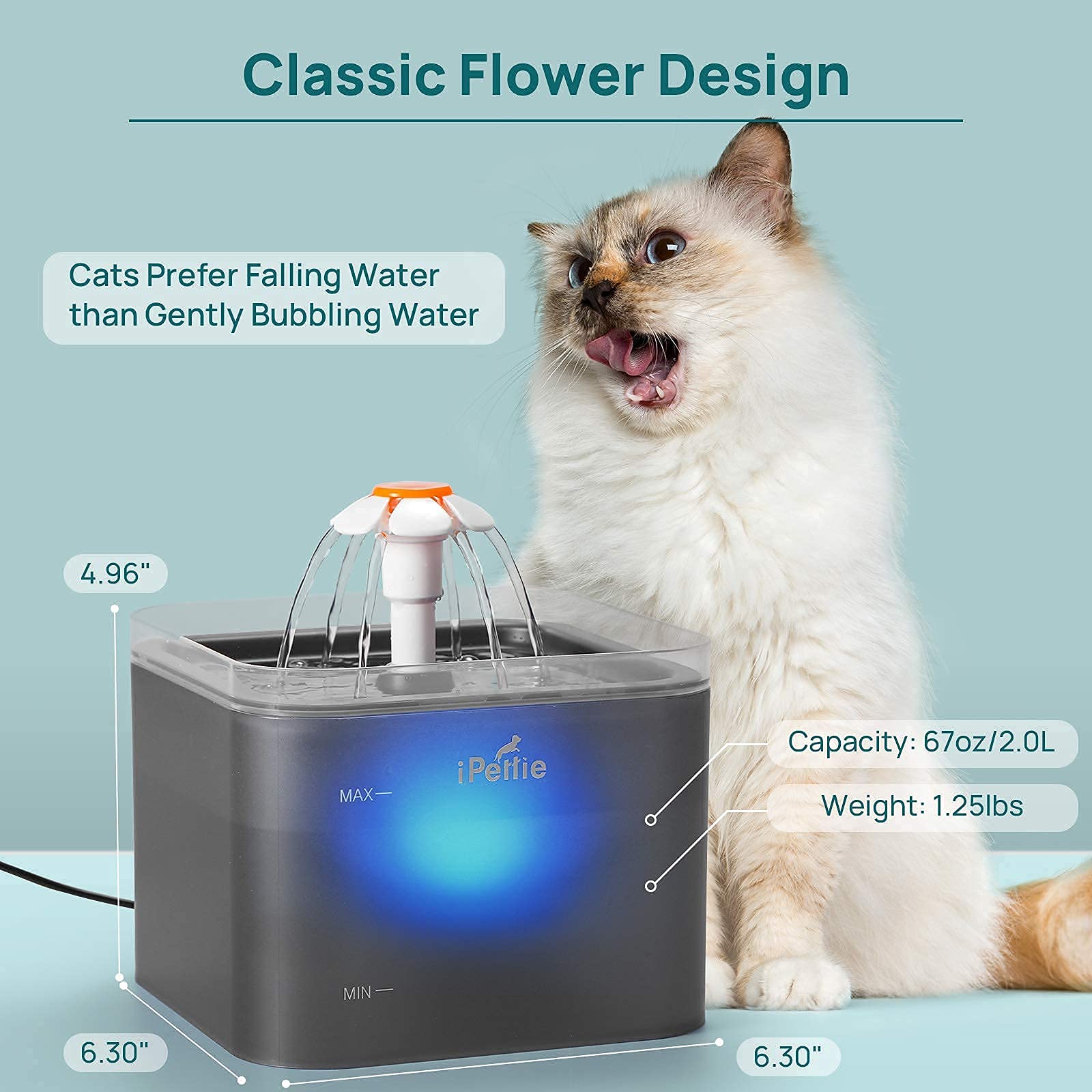 iPettie Neverland Cat Water Fountain with LED Light, 67oz/2.0L, Ultra Quiet Drinking Waterer, Automatic Filtered Water Dispenser