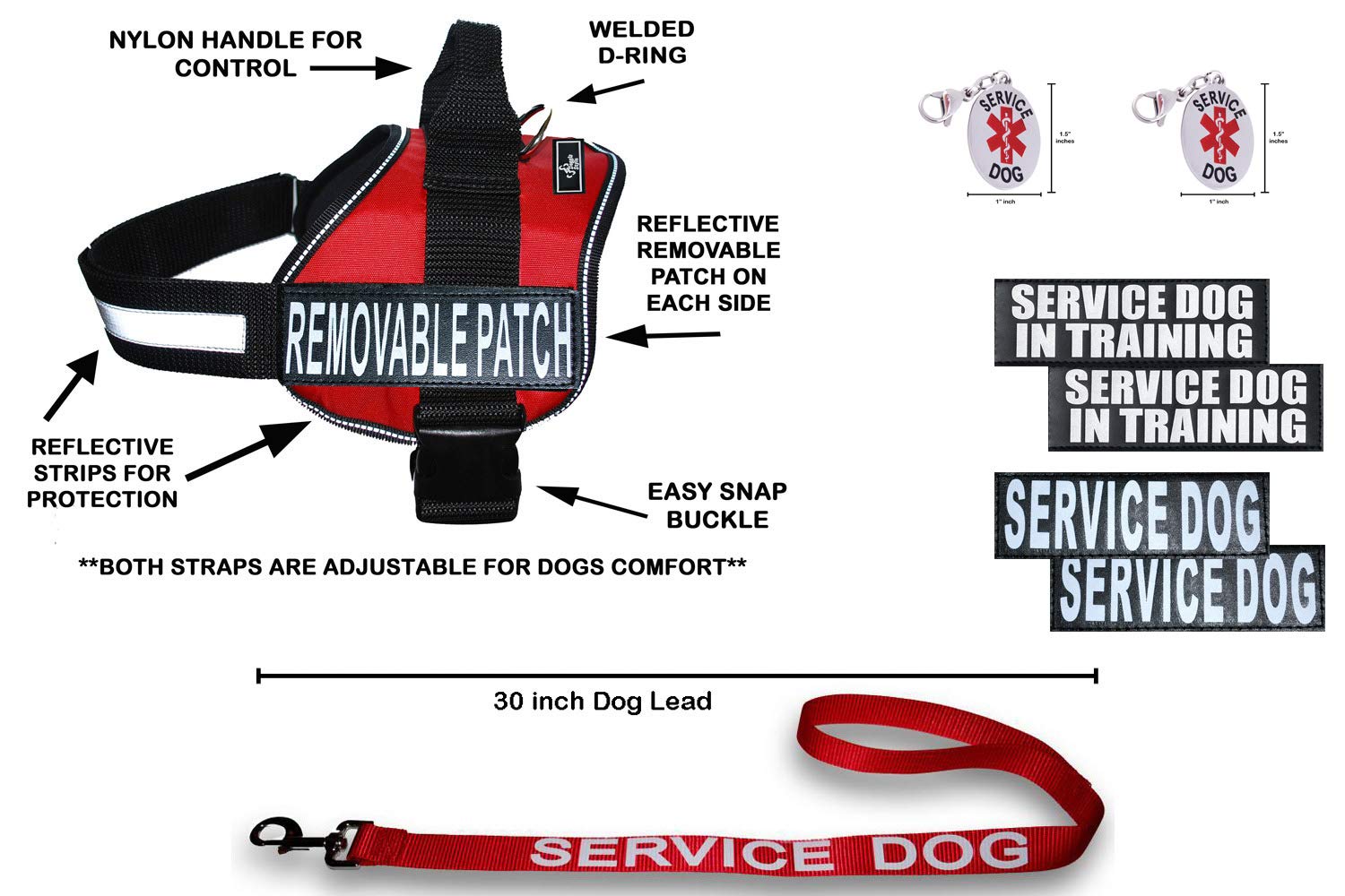 Doggie Stylz Official Service Dog In Training Vest Harness Bundle Kit. Includes Set Of Service Dog + Service Dog In Training Removable Reflective Patches + 30 Inch Lead + 2 Id Dog Tags