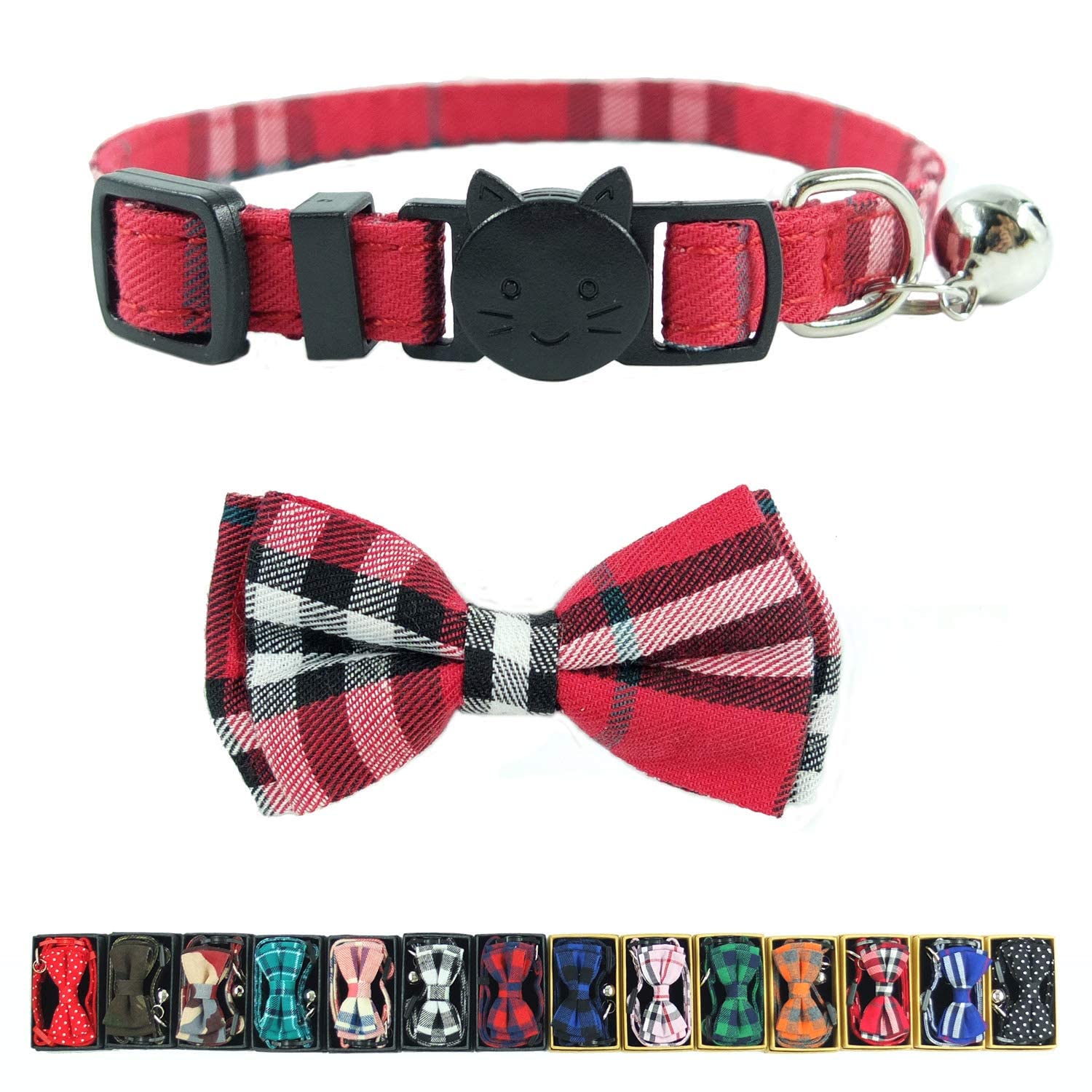 Cat Collar Breakaway With Bell And Bow Tie, Plaid Design Adjustable Safety Kitty Kitten Collars(6.8-10.8In) (Red Plaid 1)