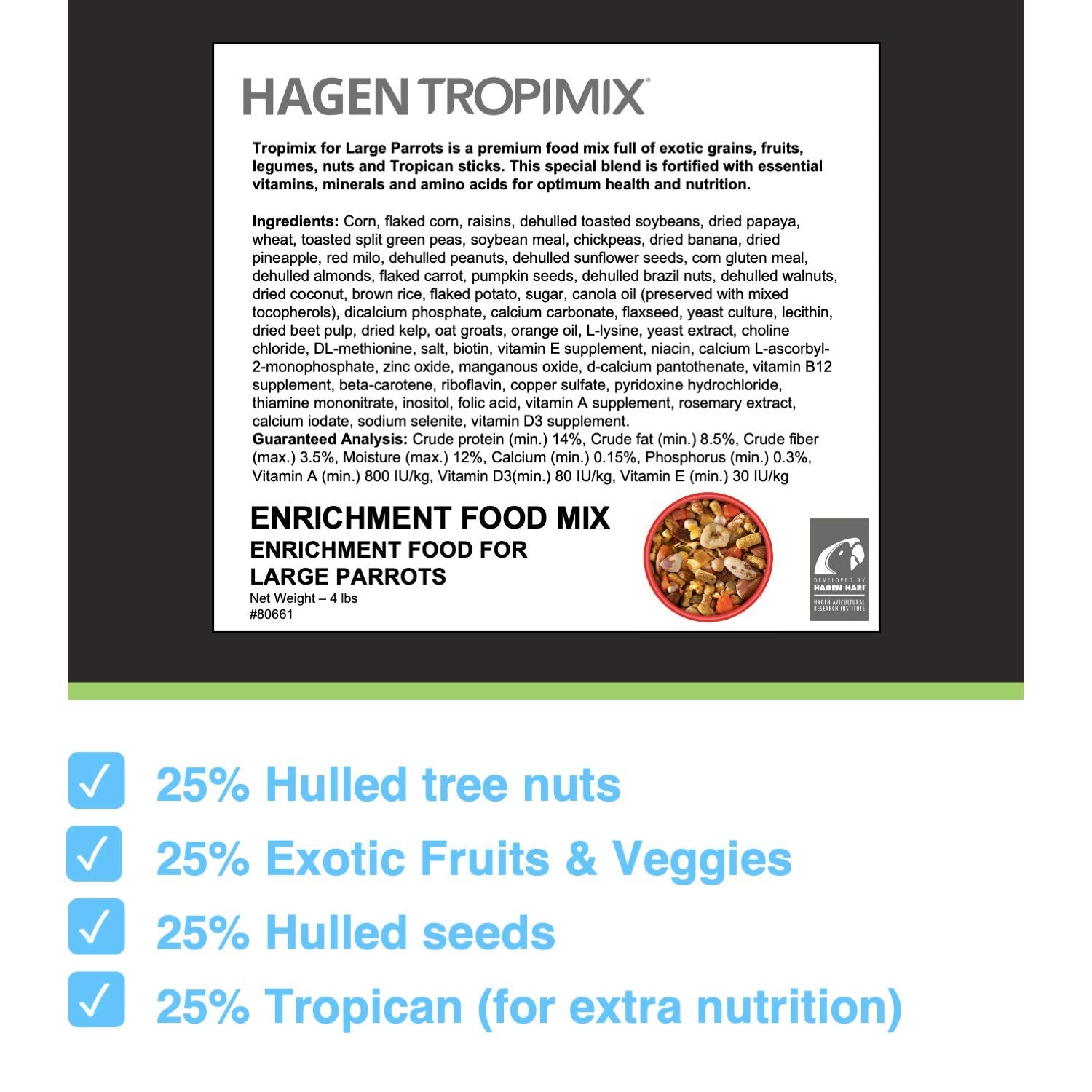 Hari Tropimix Bird Food, Hagen Large Parrot Food with Seeds, Fruit, Nuts, Vegetables, Grains, and Legumes, Enrichment Food, 4 lb