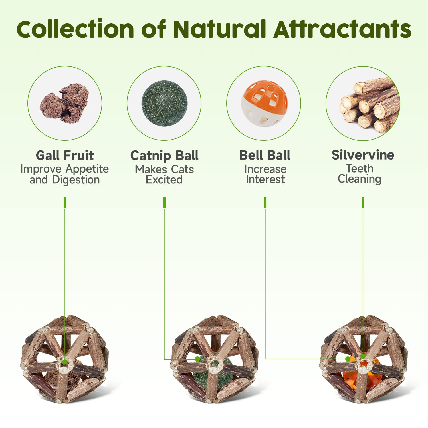 Potaroma Catnip Toys, 3Pcs Cat Toys Natural Silvervine Stick Cage Balls & Bell Ball For Indoor Cats, Kitten Cleaning Teeth Molar Matatabi Cat Chew Toy All Breeds