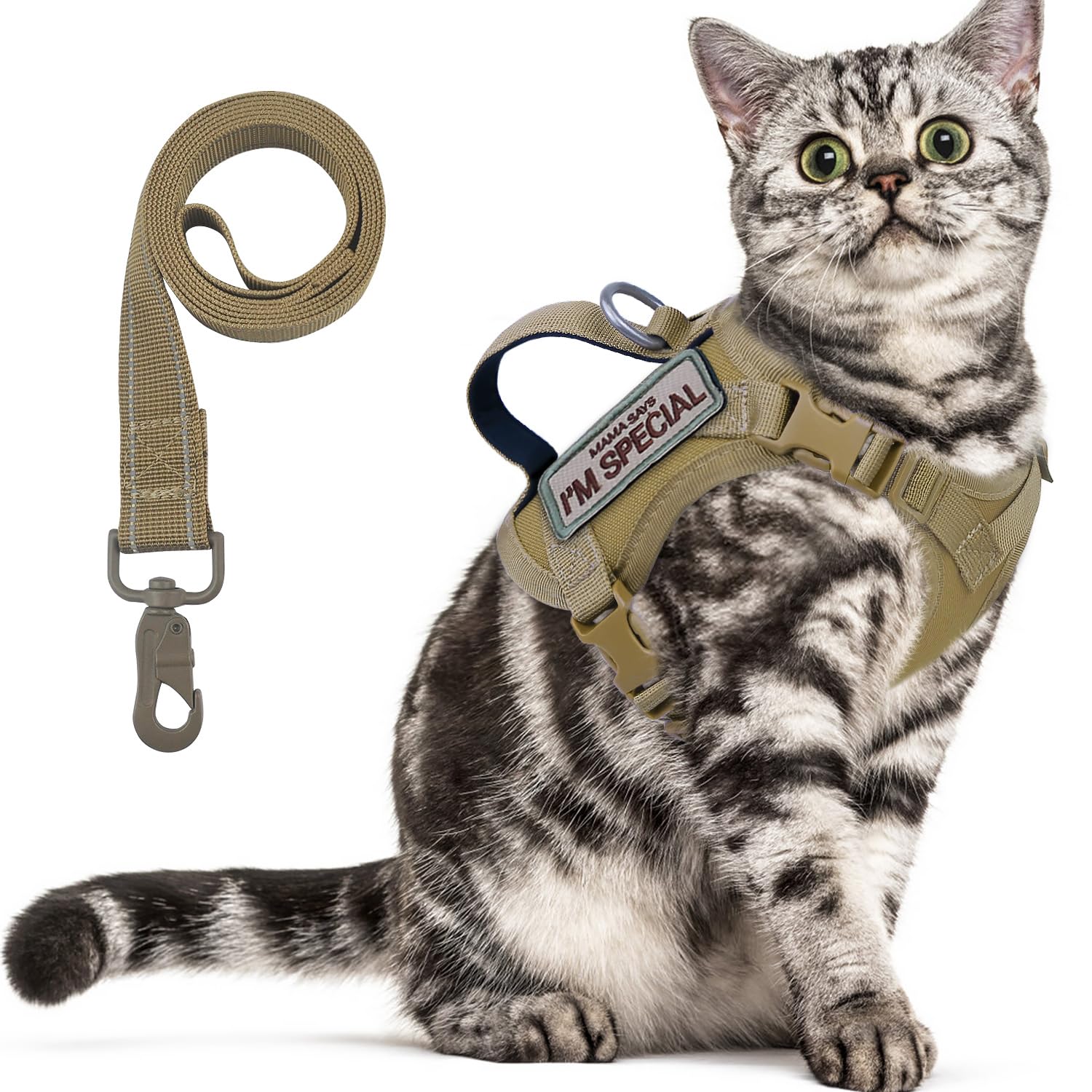 Tactical Cat Harness For Walking Escape Proof, Soft Mesh Adjustable Pet Vest Harness For Large Cat, Small Dog And Khaki (Khaki, 