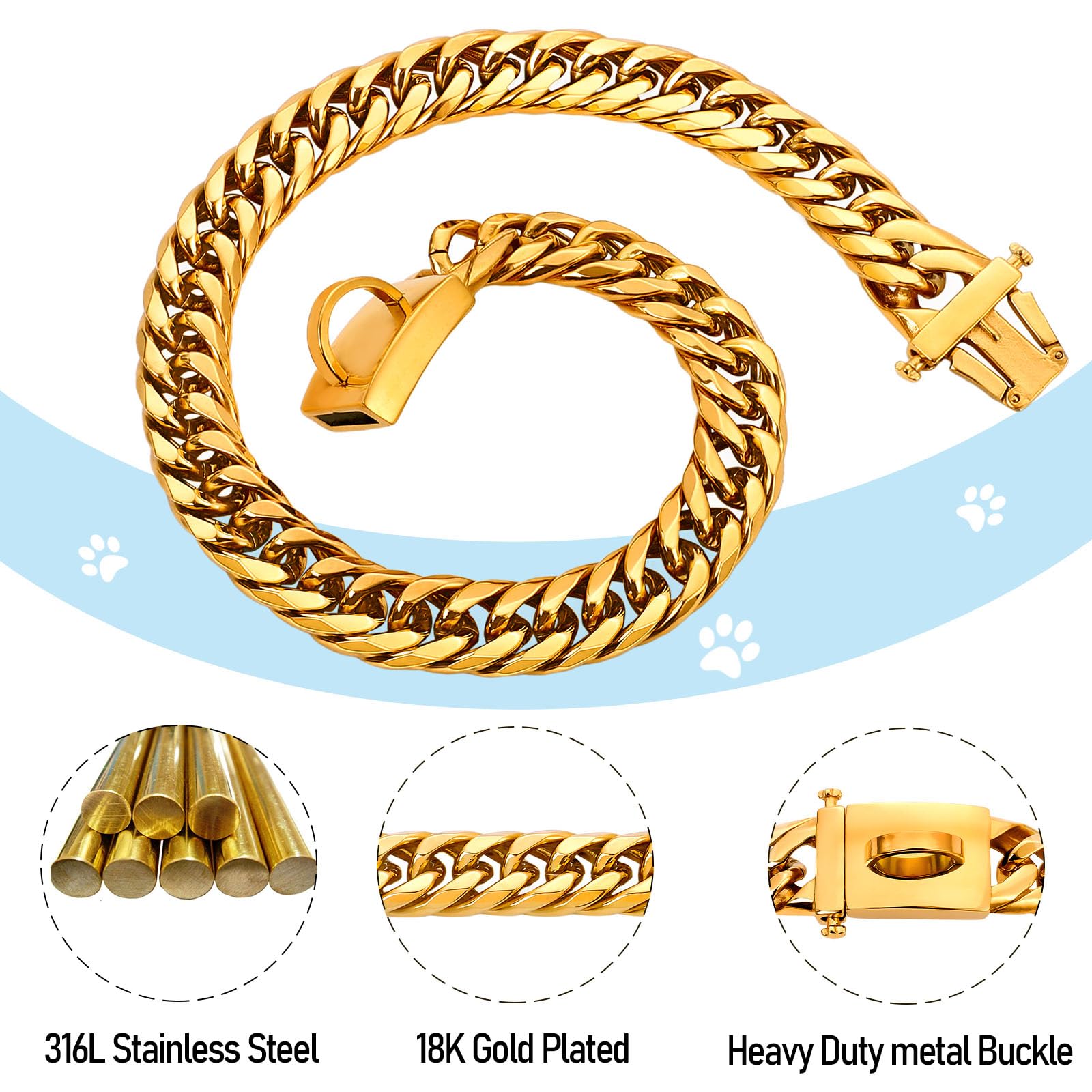 Baobote 16Mm 18K Gold Heavy Duty Cuban Link Dog Collar With Secure Snap Buckle - Chew Proof For Dogs (16 Gold)
