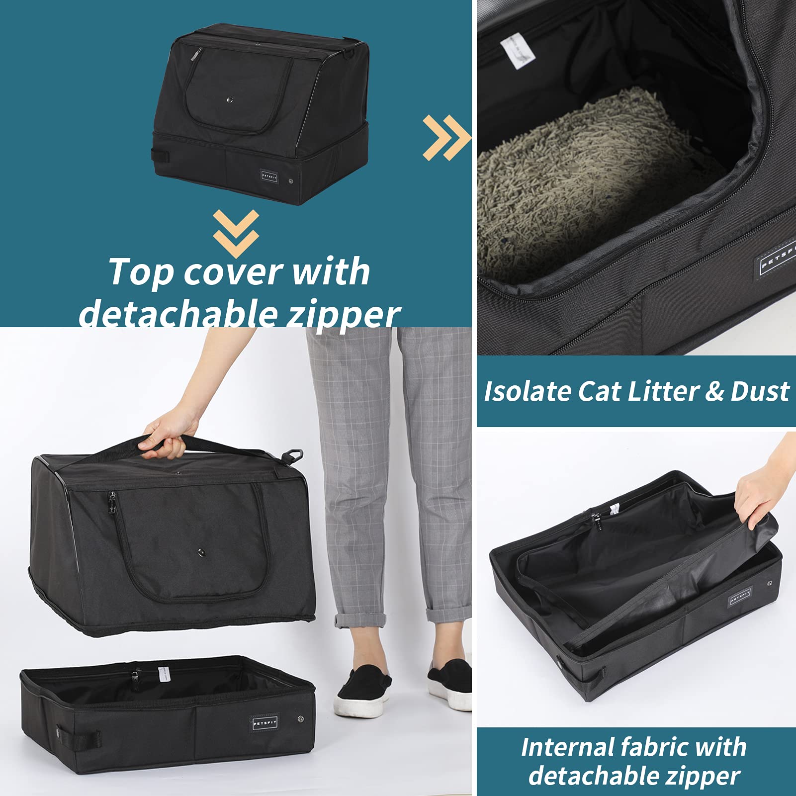 Petsfit Upgrade Travel Portable Cat Litter Box For Medium Cats & Kitties,Leak-Proof, Lightweight, Foldable (Black(With Lid), 17' Lx13 Wx12.5 H)