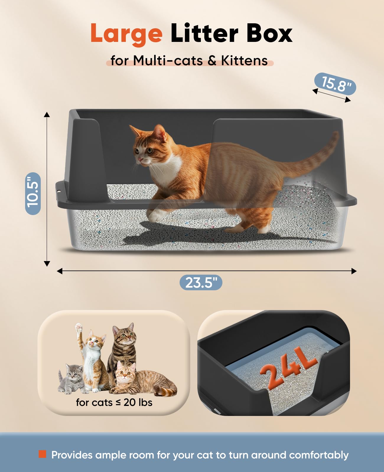 Stainless Steel Litter Box With Lid, Large Metal Cat Box For Big Cats, High Sided Kitty Litter Box With Scoop & Pee Pads, Open T