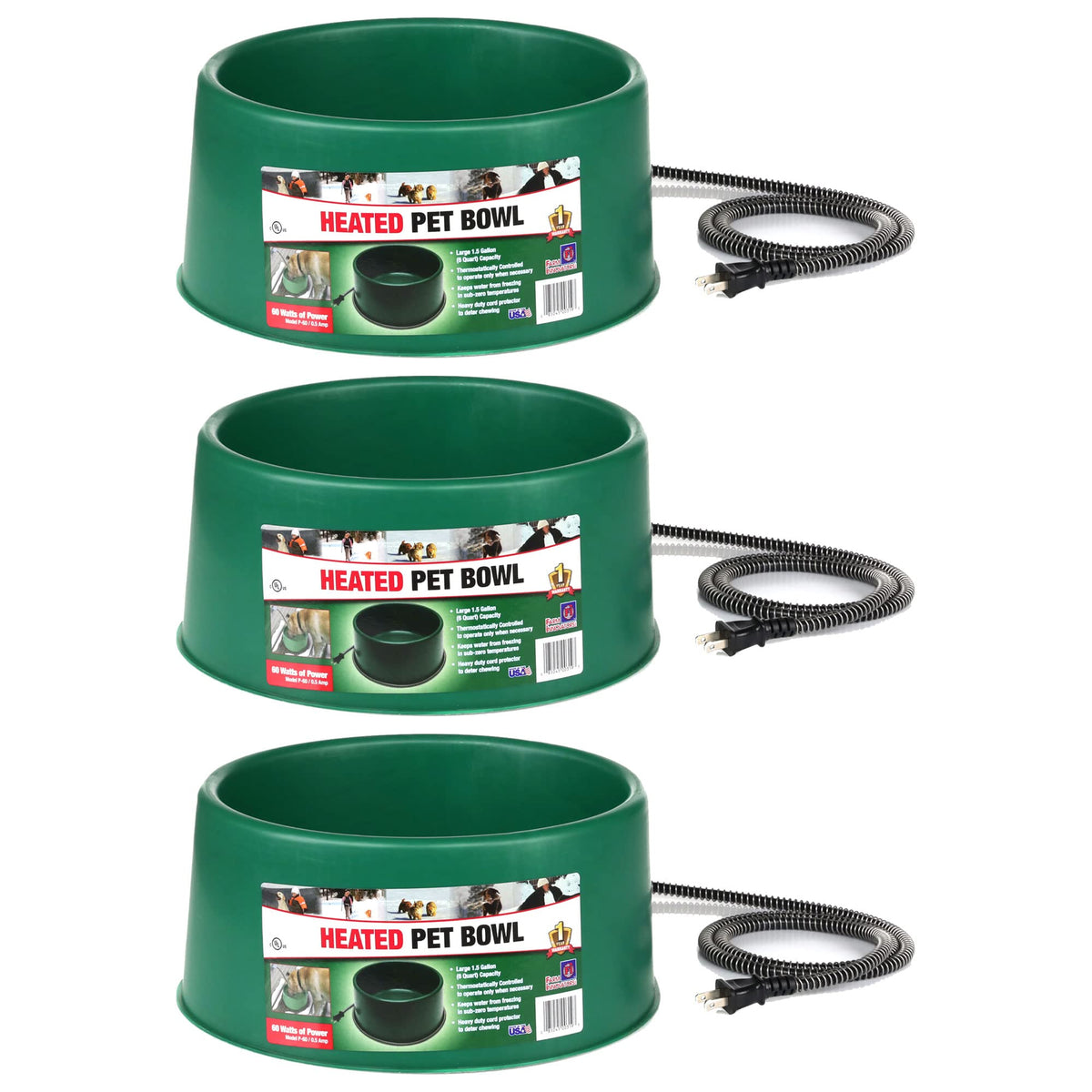 Farm Innovators P-60 1.5 Gallon 60 Watt Heated Pet Water Bowl, Thermostatic Control & Anti Chew Cord, Green (3 Pack)