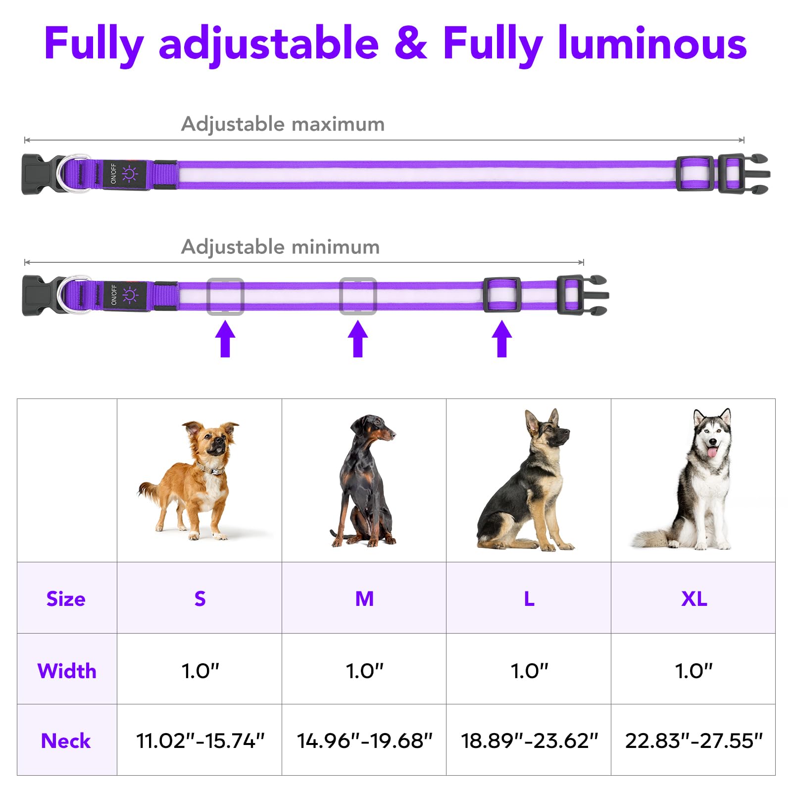 Vizpet Led Dog Collar, Light Up Dog Collar Adjustable Usb Rechargeable Super Bright Safety Light Glowing Collars For Dogs (Purpl