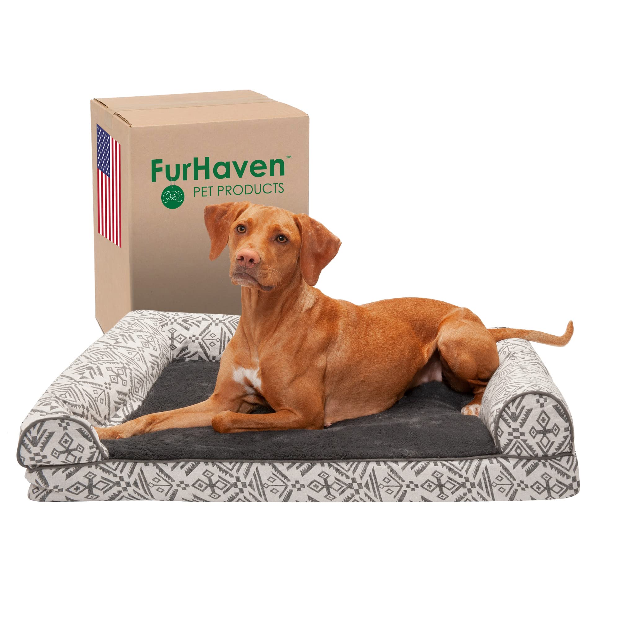 Furhaven Cooling Gel Dog Bed For Large/Medium Dogs W/ Removable Bolsters & Washable Cover, For Dogs Up To 55 Lbs - Plush & South