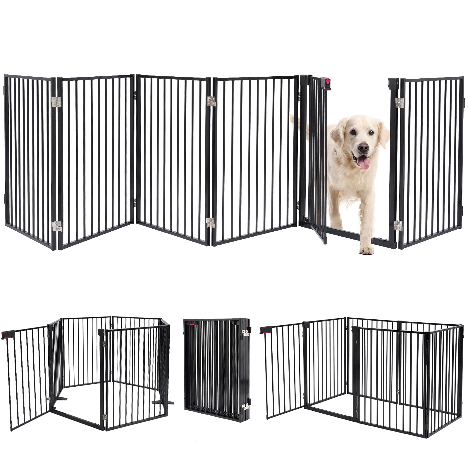 Metal Freestanding Dog Gates With Door,Extra Wide 24'', 32'' Height Foldable Dog Fence For Indoor & Outdoor, Heavy Duty Freestan