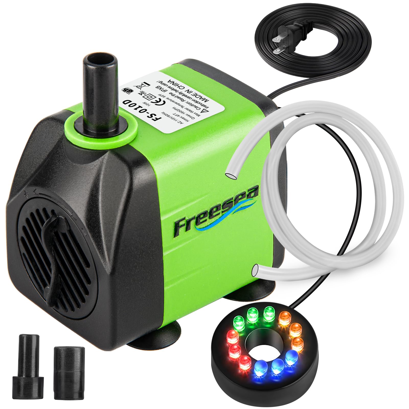 FREESEA Fountain Submersible Water Pump: 10Watt 160GPH Adjustable Aquarium Pump With LED Light 3.3ft Tubing for Outdoor Pond | S