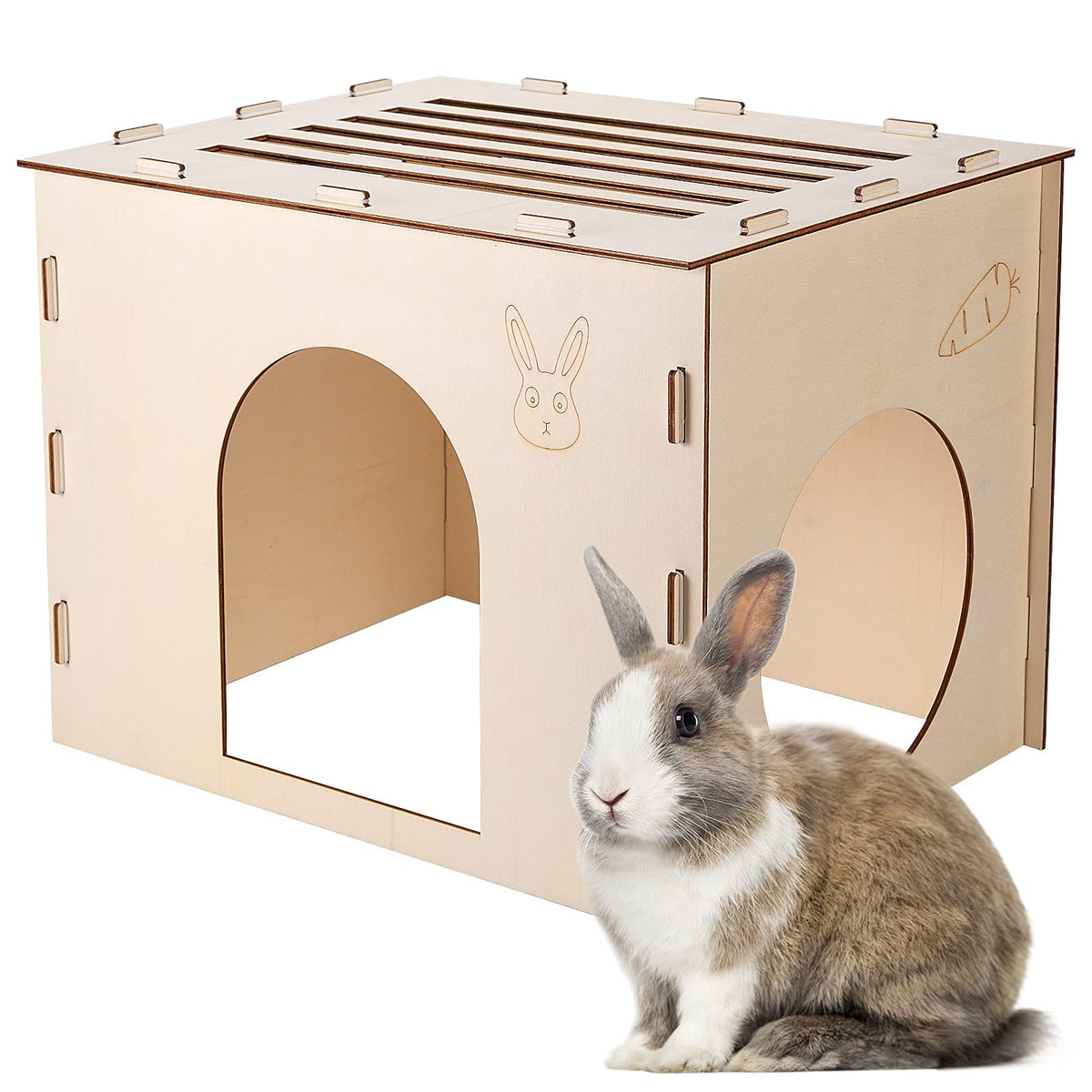 Woiworco Wooden Rabbit Hideout, Rabbit Houses And Hideouts, Wooden Rabbit Castle Bunny Hideout For Indoor Bunnies Chinchilla, Hamsters And Guinea Pigs Hut To Hide