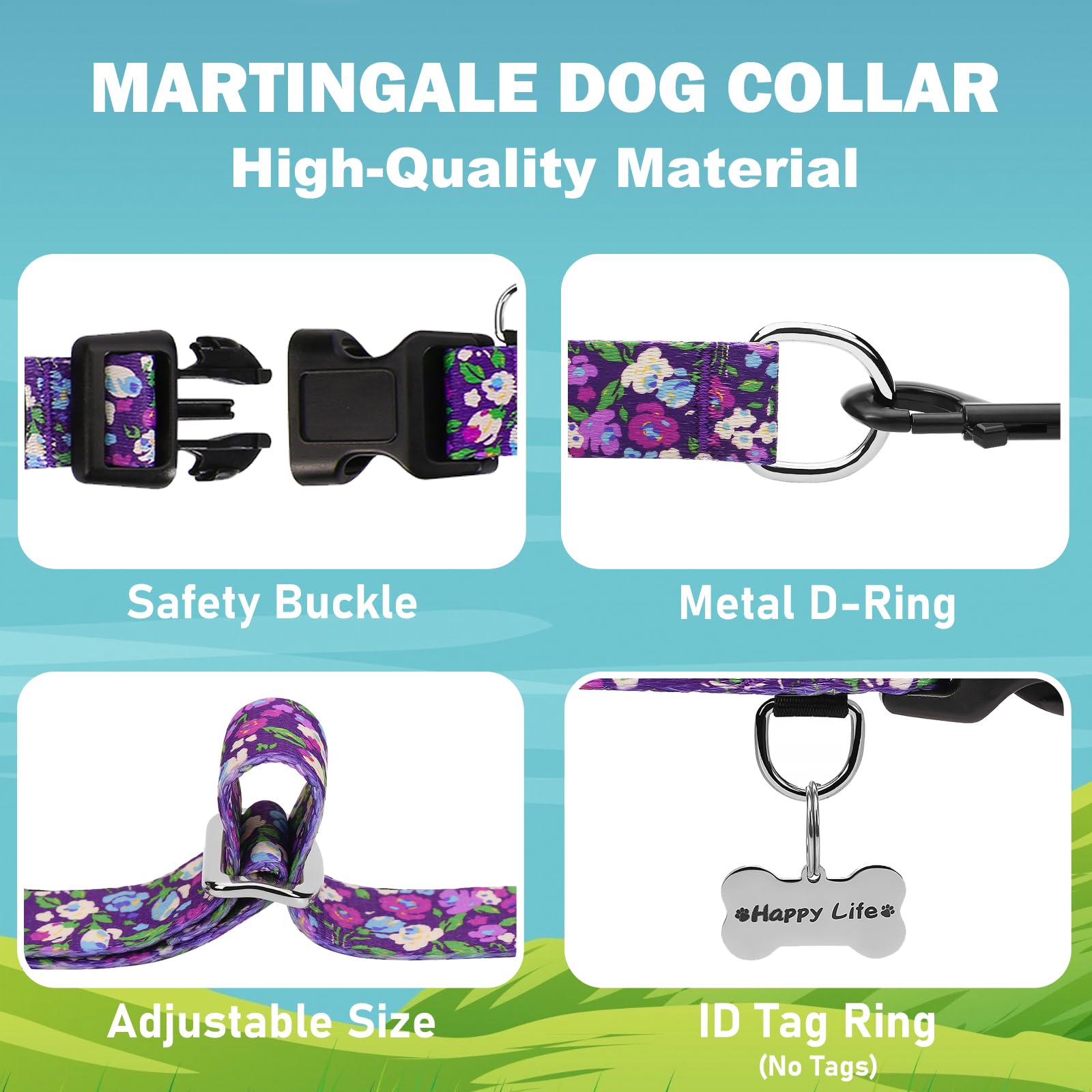 Fidohug Martingale Collar For Dogs With Buckle Adjustable Nylon Slip No Pull Training Dog Collars (Purple Floral, Small)