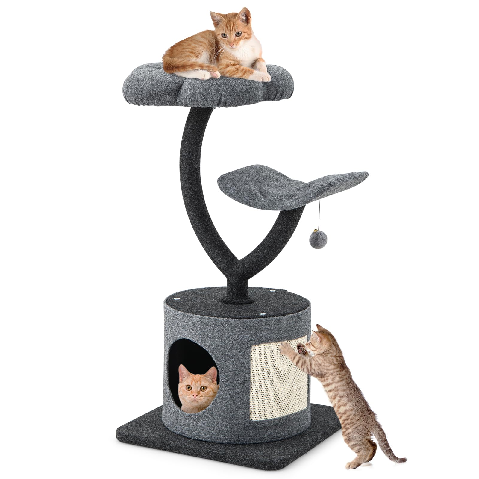 PETSITE 35 Cat Tree for Indoor Cats, 3-Tier Cat Tower with Sisal Covered Scratching Board, Flower-Shaped Perch, Curved Perch, Pr