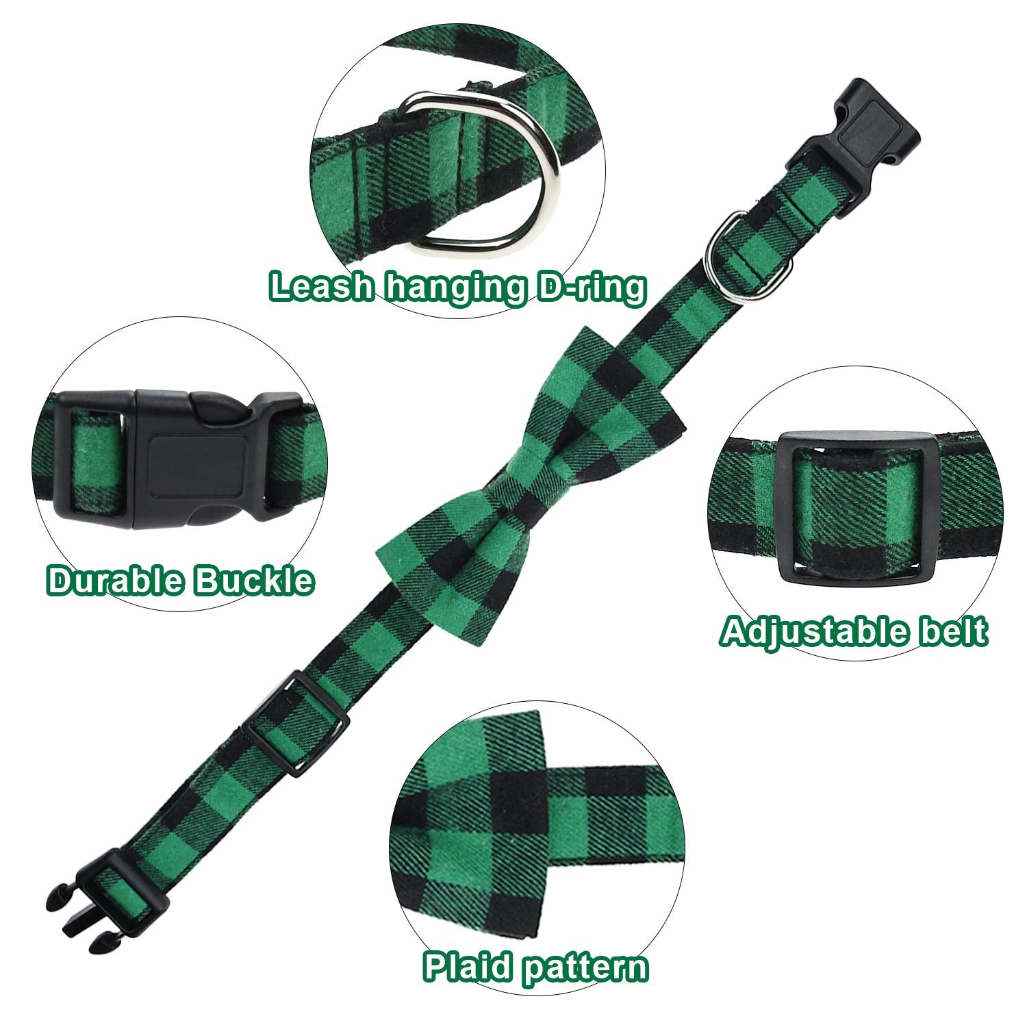 Malier 2 Pack Dog Collar With Bow Tie, Christmas Classic Plaid Pattern Dog Collar With Light Adjustable Buckle Suitable For Smal