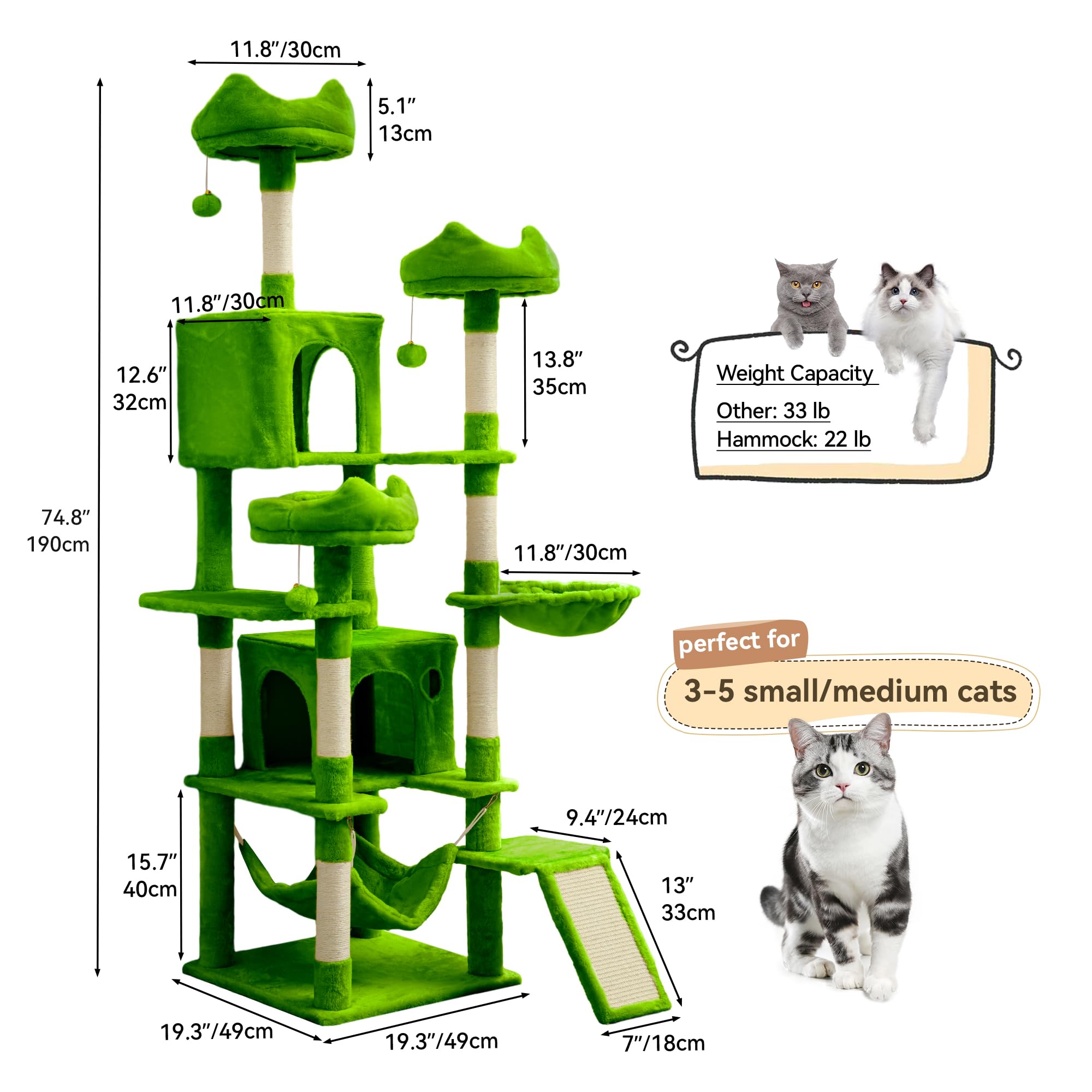 YITAHOME Tall Cat Tree Tower for Indoor Cats, 75in Multi-Level Cat Climbing Tower with Cat Condos, Top Perches, Hammock, Sisal S