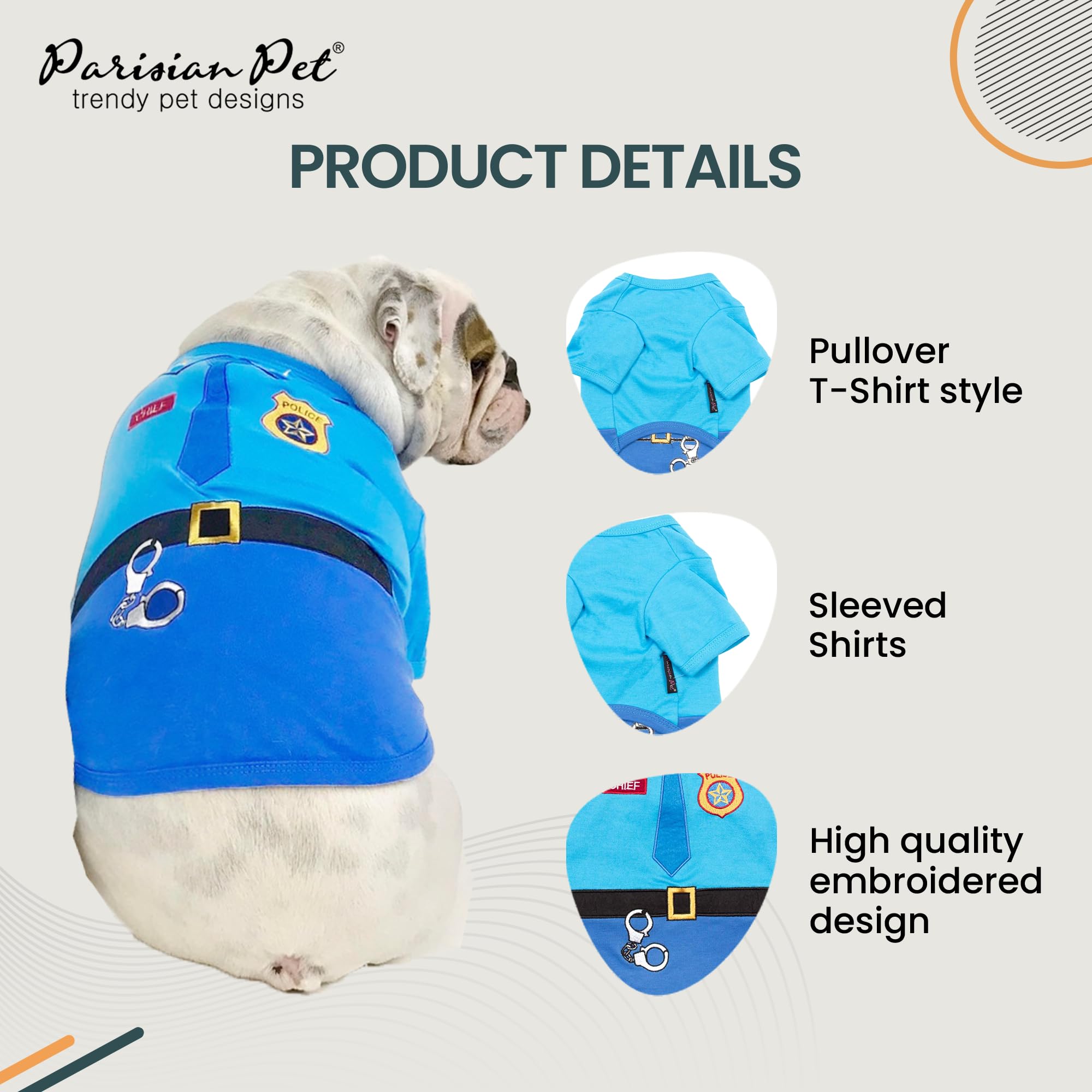 Parisian Pet Dog Shirt - Embroidered Dog Police Costume - 100% Cotton And Polyester Pet Clothes - Sleeved Dog Costume Halloween Outfit - Blue Dog Costumes For Large Dogs Xl