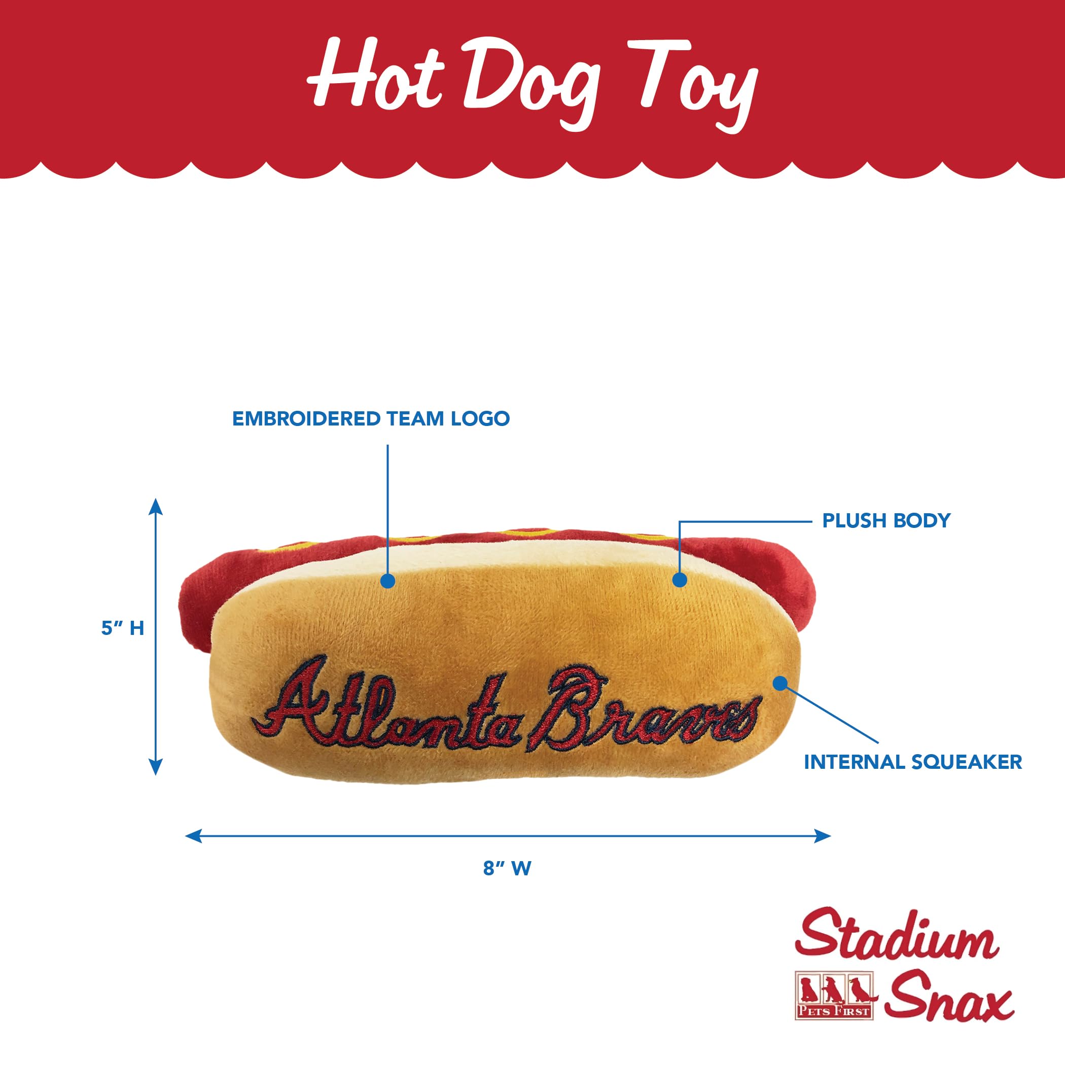 Mlb Atlanta Braves Plush Dog Toys - Stadium Theme Snacks - Cutest Plush Hot-Dog Toy For Dogs & Cats With Inner Squeaker & Premiu