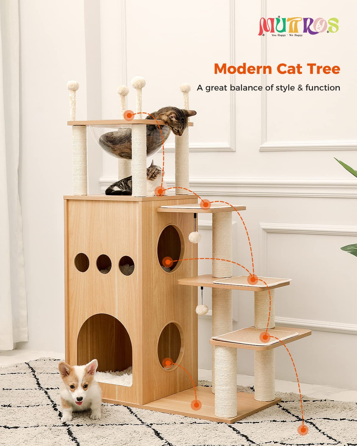 Muttros Wooden Cat Tree, 50'' Modern Cat Tower With 2-Floor Condo, Cat Furniture Sisal Scratching Posts, Capsule Nest And Dangli