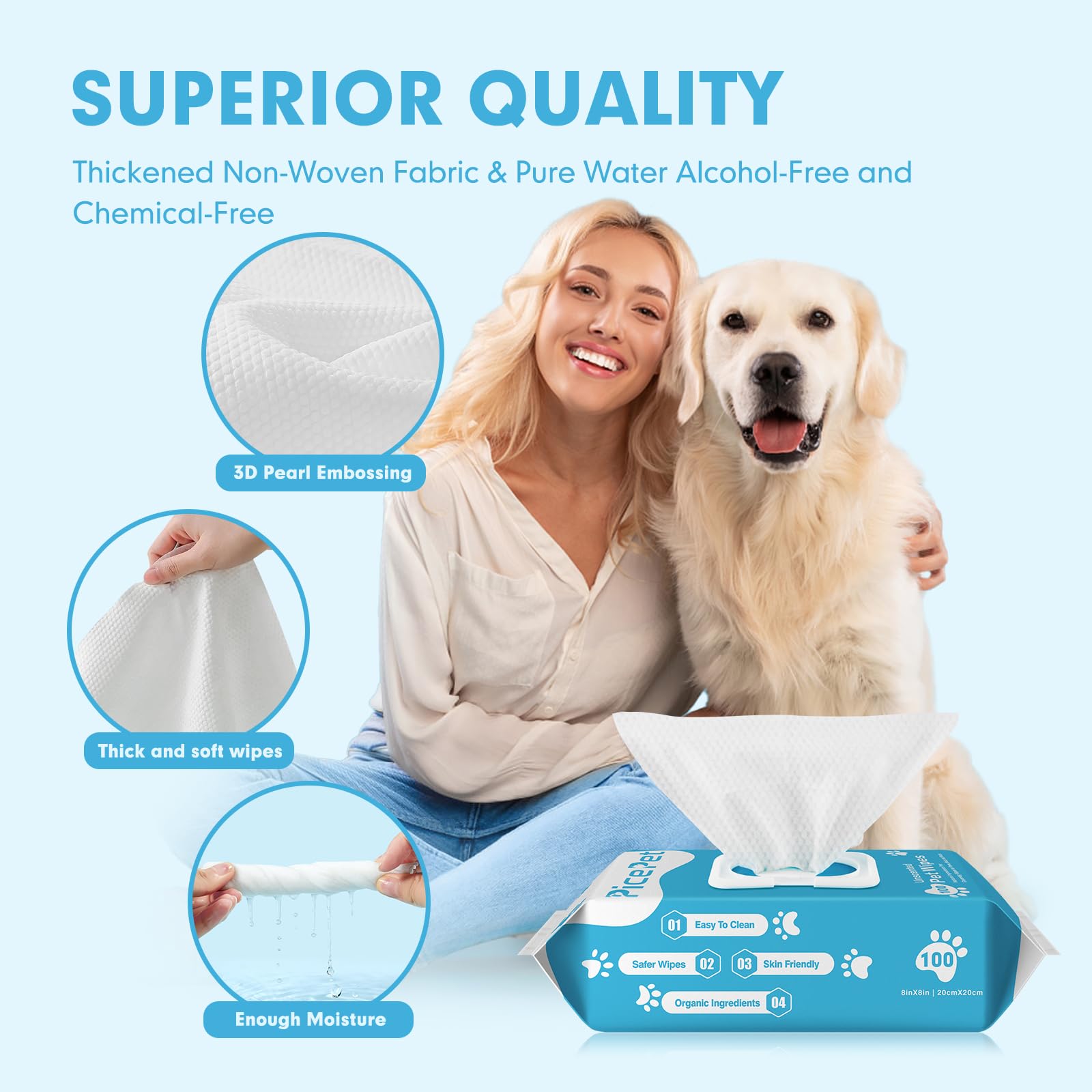 PICE PET 200 Cleaning & Deodorizing Guaranteed Dog Grooming Wipes - Hypoallergenic Pet Wipes for Allergies & Itching - Thick Pup