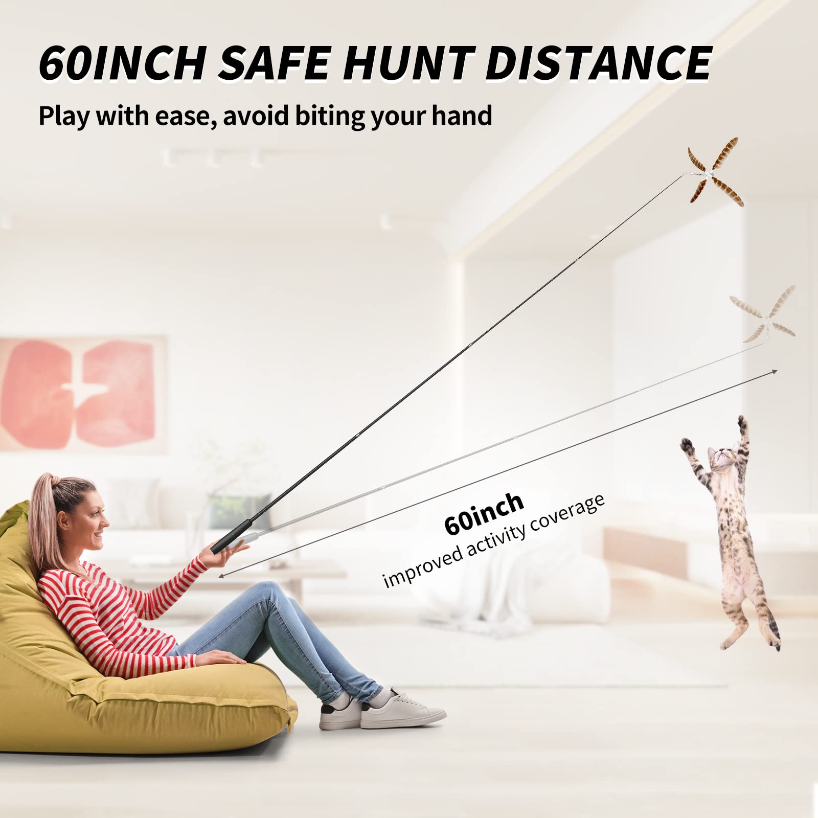 uahpet Natural Feather Cat Toys for Indoor Cats Retractable Kitten Wand 60inch Safe Hunting Distance Interactive Toys for Kitten